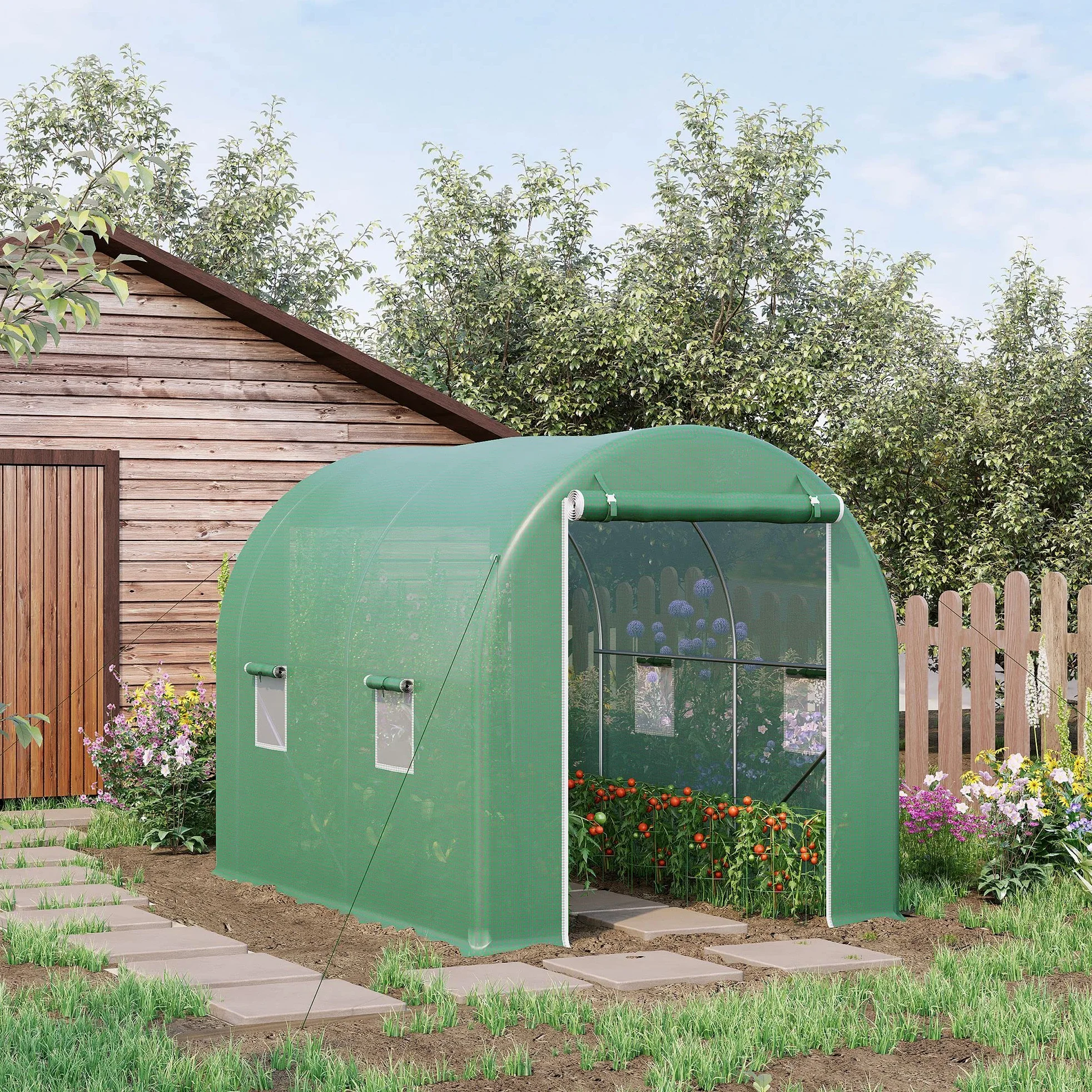 Outsunny – Invernadero de jardín (túnel chasis Tubular reforzados con puertas con cremallera ventanas enroulables verde | Marco tubular reforzado, 4 ventanas enrollables, marco de metal
