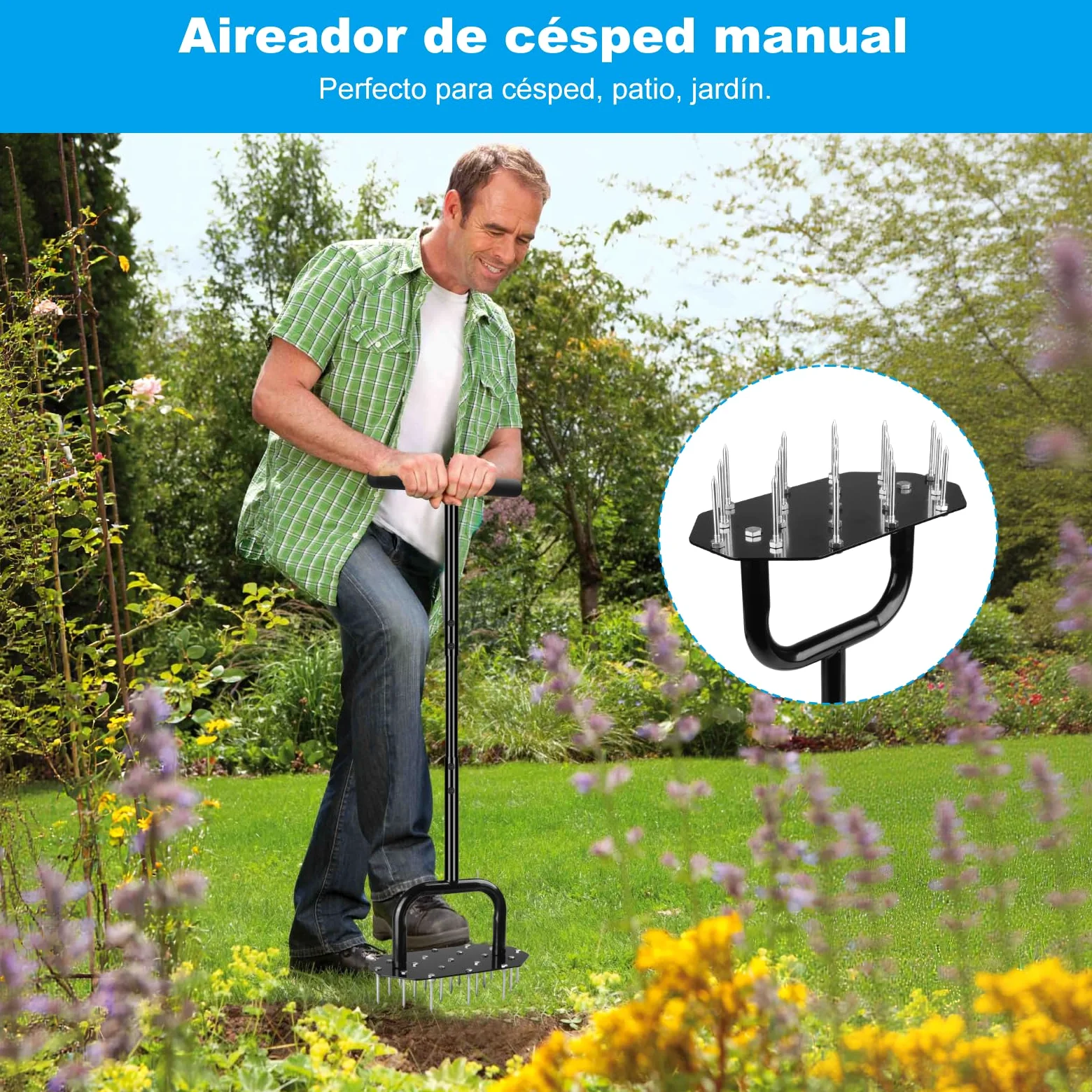 Aireador de Césped Manual con 18 Picos, Herramienta de Aireación Desmontable, Empuñadura en T y Placa de pie Ancha