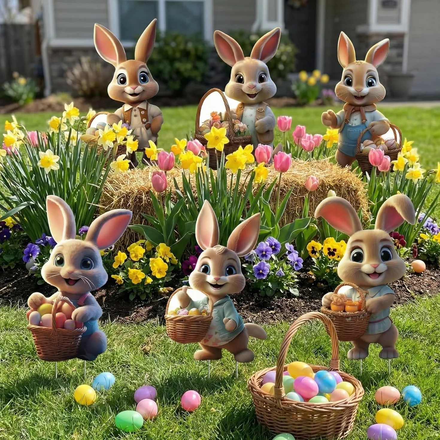 Señal decorativa de conejos de Pascua para jardín, carteles publicitarios 2D de Pascua, estacas para huevos de Pascua, letrero de granja para decoración de jardín, gran decoración de Pascua al aire