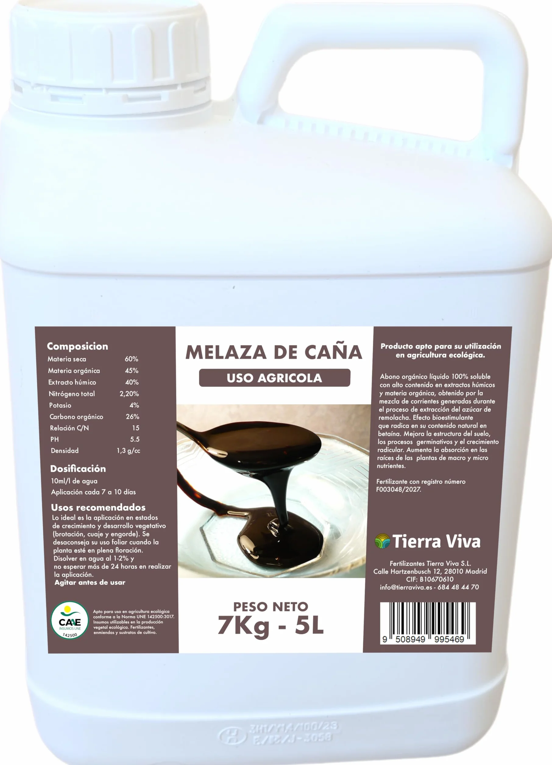Melaza para plantas ecológica 7Kg (5L). Agro melaza. Fertilizante universal natural que mejora el suelo y potencia tus cultivos. Estimula la actividad de microorganismos beneficiosos