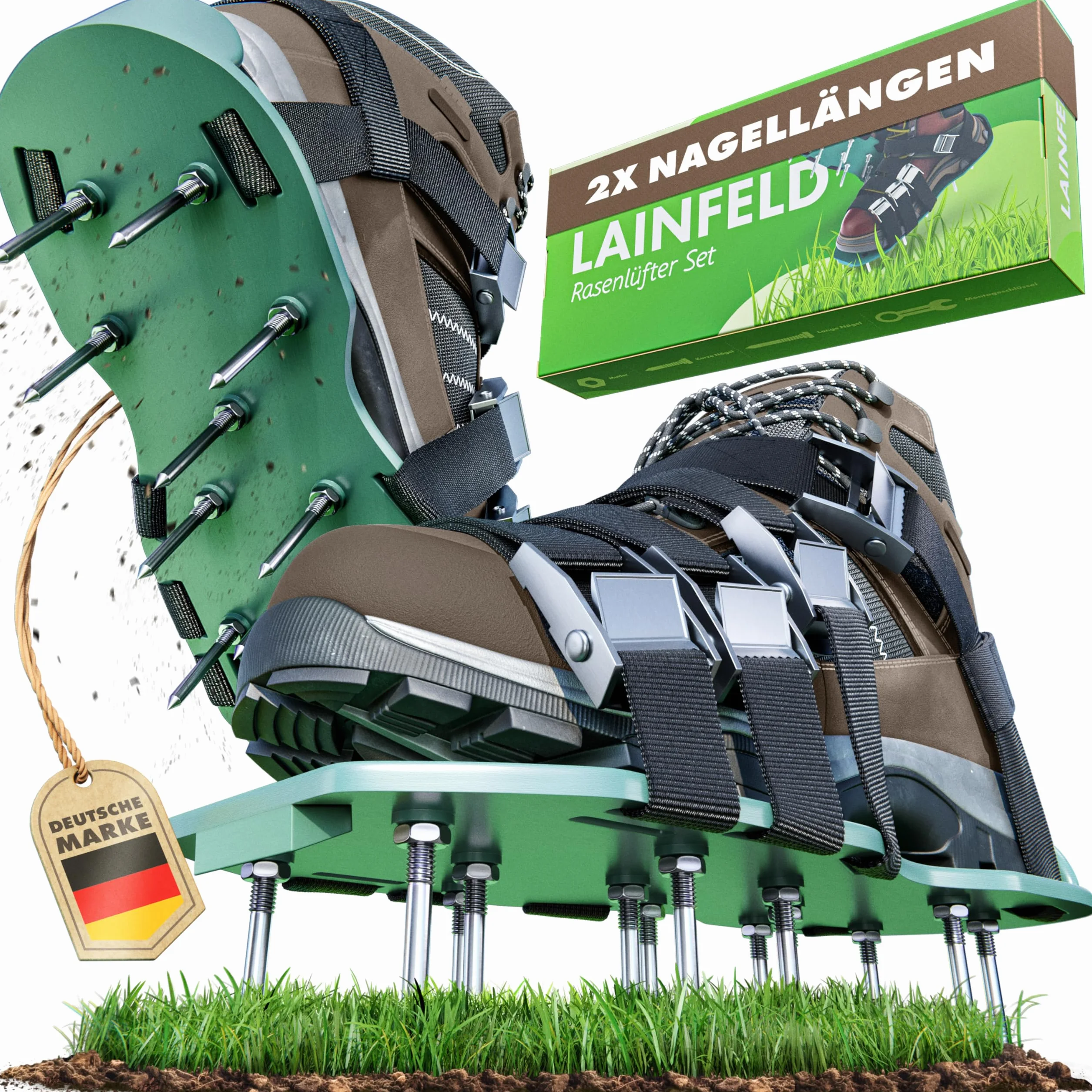 LAINFELD Aireador de césped, zapatos con clavos cortos y largos, aireador de césped con 4 correas, escarificador para césped, zapatos de jardín aerificados.