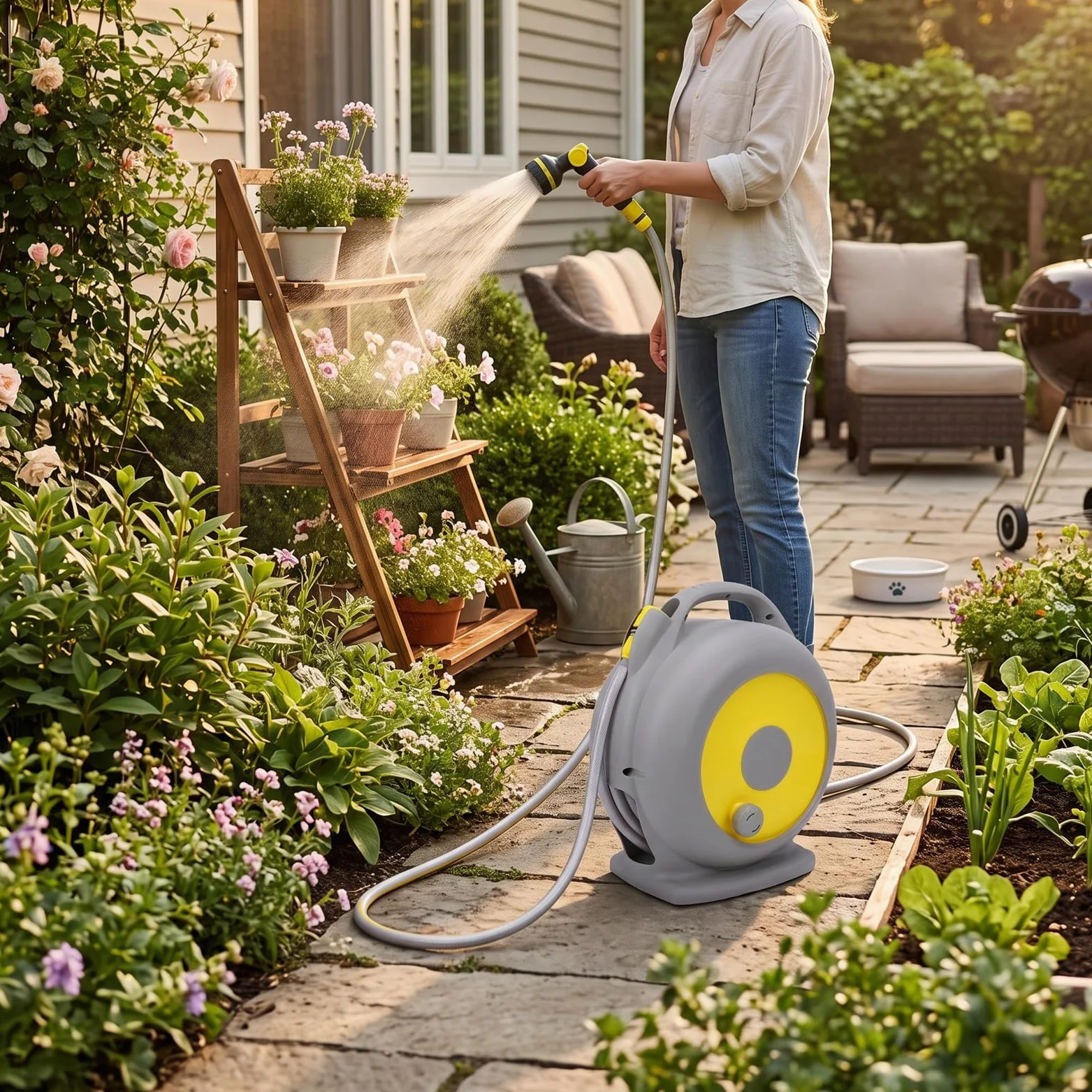 Carrete de Manguera de Jardín Retráctil 15M con Boquilla Rociadora | Varita de riego de 10 patrones, asa de transporte portátil, almacenamiento compacto de ABS, para limpieza de pisos