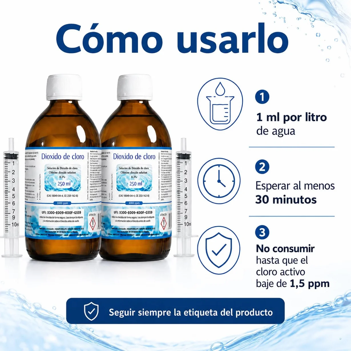 Dióxido de Cloro 3000 ppm - CDS | CDL - Envasado en Botella de Cristal Ámbar - 2 Botellas 250ml = 500ml - Compra Ahorro - Fabricado en España