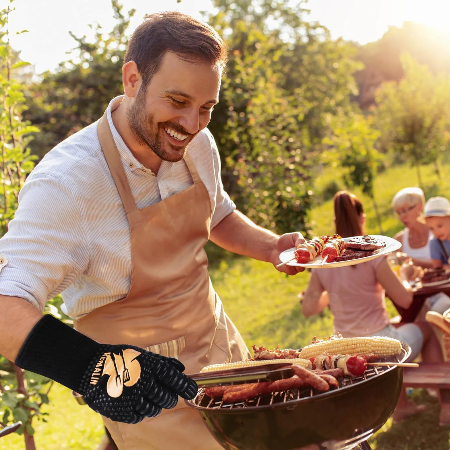 Guantes Barbacoa Cocina Resistente al Calor hasta 500°C Guantes para Horno de Silicona Antideslizante para Cocina, Parrilla, Hornear, Microondas (L/XL/XXL, Dorado)