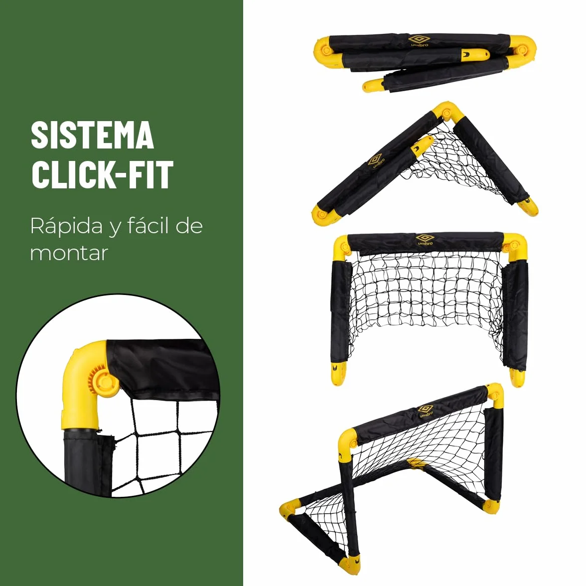 Umbro Portería de fútbol plegable 50x44x44 cm para jardín niños adultos interior exterior Negro/Amarillo