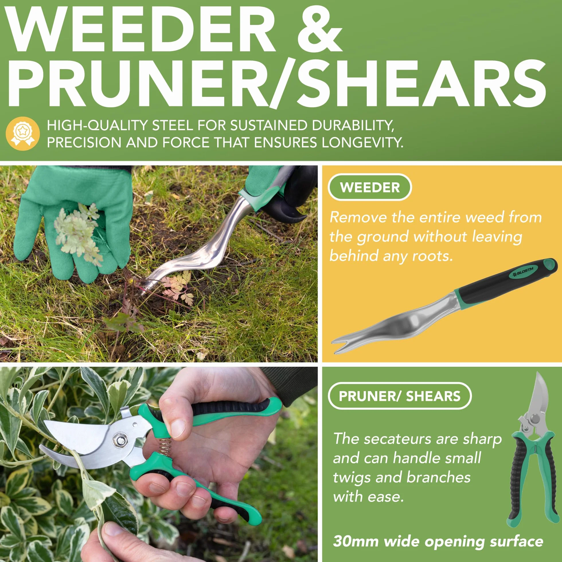 BLOSTM Juego de herramientas de jardinería de 11 piezas, kit de herramientas de jardín resistente con bolsa de mano impermeable, juego de paletas de jardín a prueba de óxido (verde/negro)