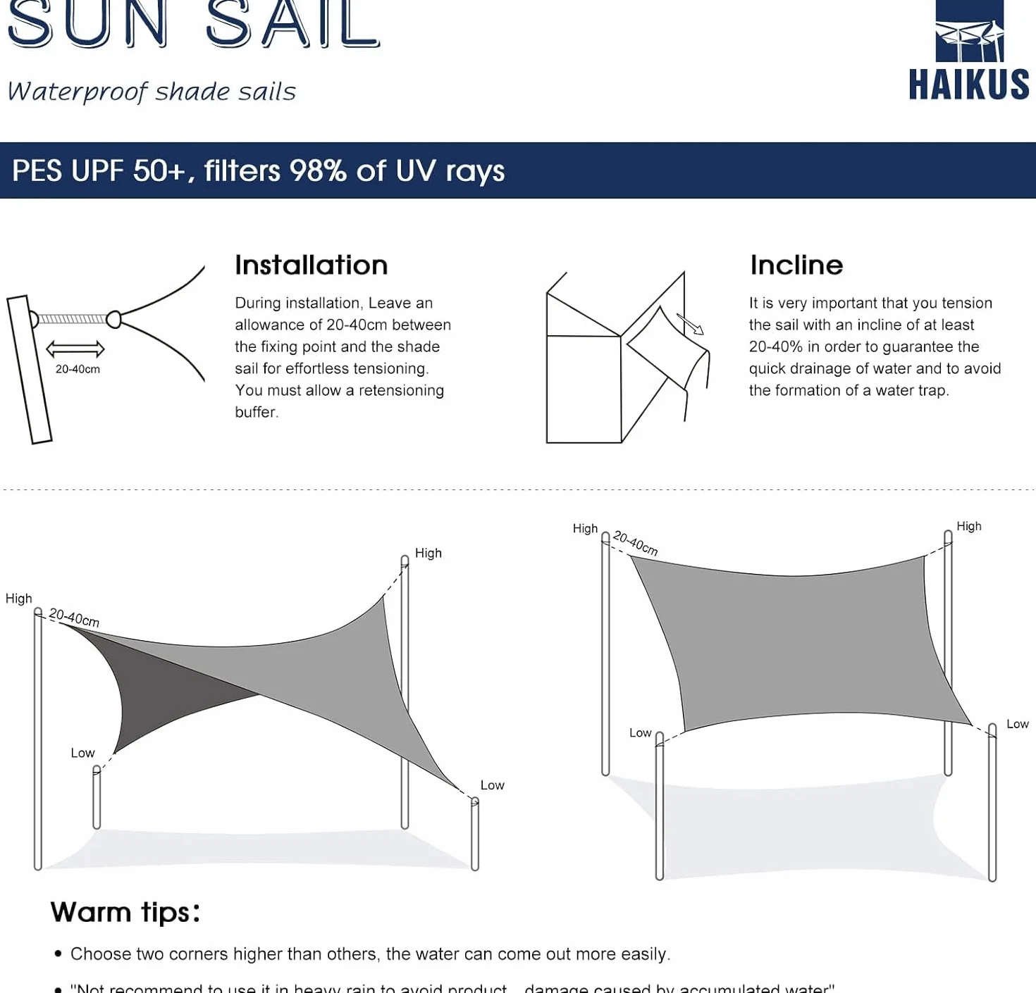 HAIKUS Toldo Vela de Sombra Impermeable Rectangular 2x3m Protección UV PES, Toldos para Patio Exterior Jardín Terraza - Crema