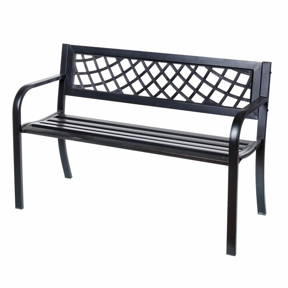 LOLAhome Banco de Jardín Acero Madera Nogal 2 Plazas 120x62x82 cm Respaldo Apoyabrazos Anticorrosión Exterior Negro