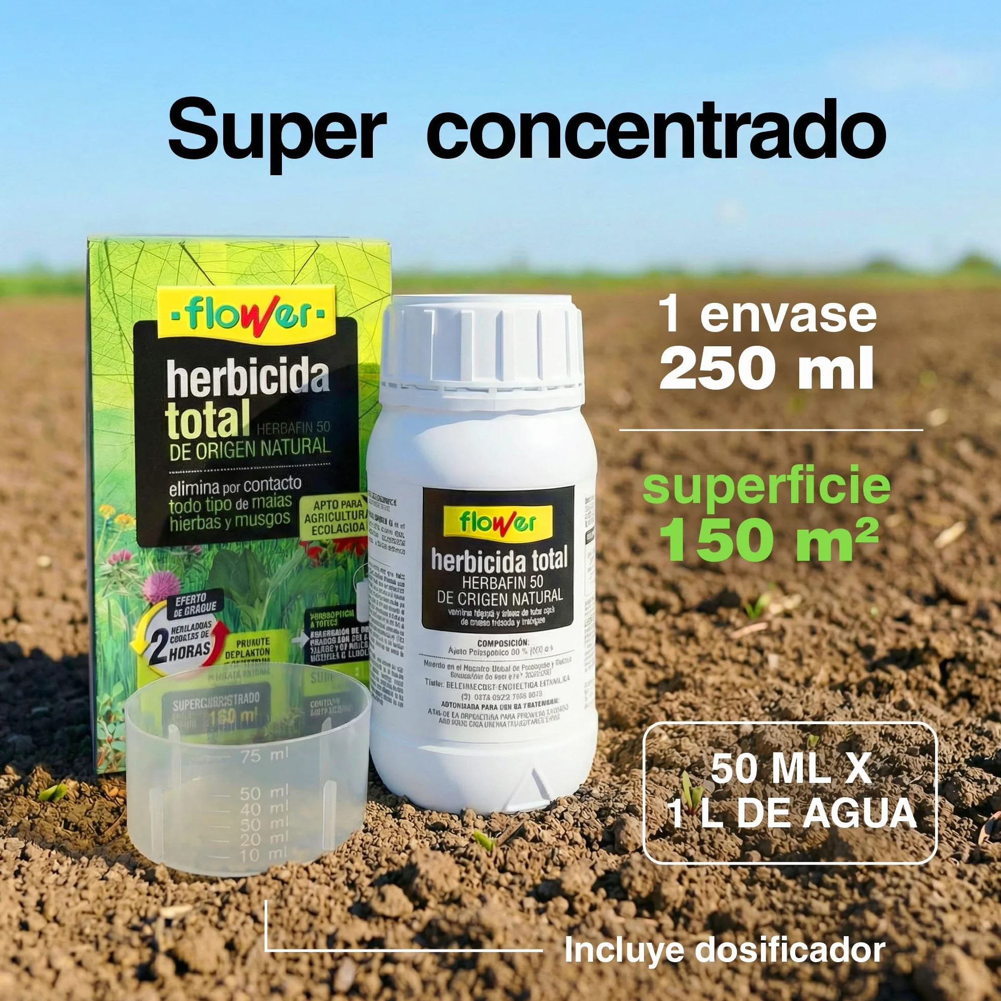 FLOWER x3 Herbicida Total Ecológico Origen Natural 450 m² | Elimina Malas Hierbas y Musgos | Alternativa Glifosato | Resultados 2 Horas | 750ml + Dosificador Diluir 15L Agua | Súper Concentrado