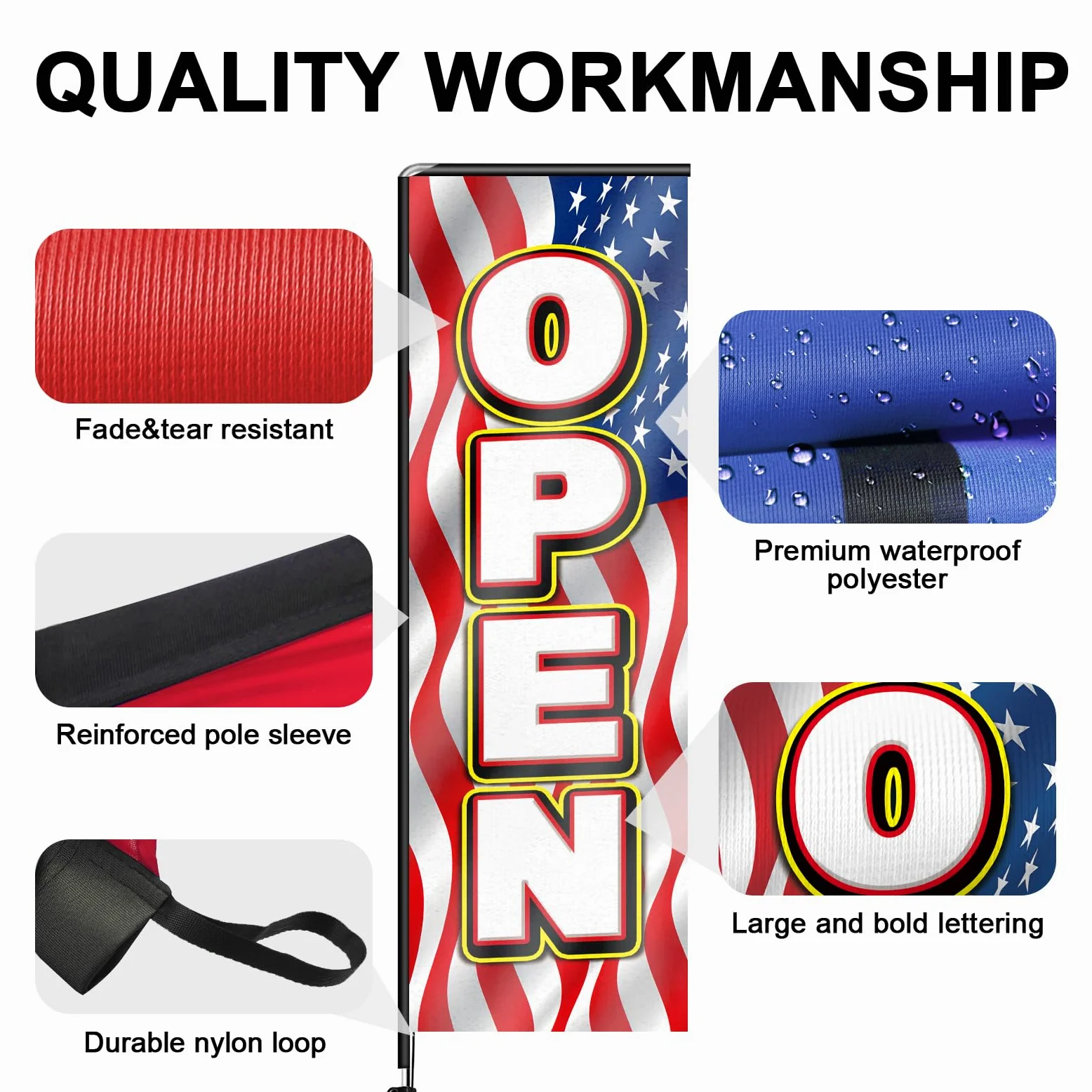 Red Open02 - Bandera rectangular de plumas con kit de mástil de bandera y estaca para el suelo, 11 pies, bandera roja Open02 sin viento, cartel de negocios para publicidad en interiores y