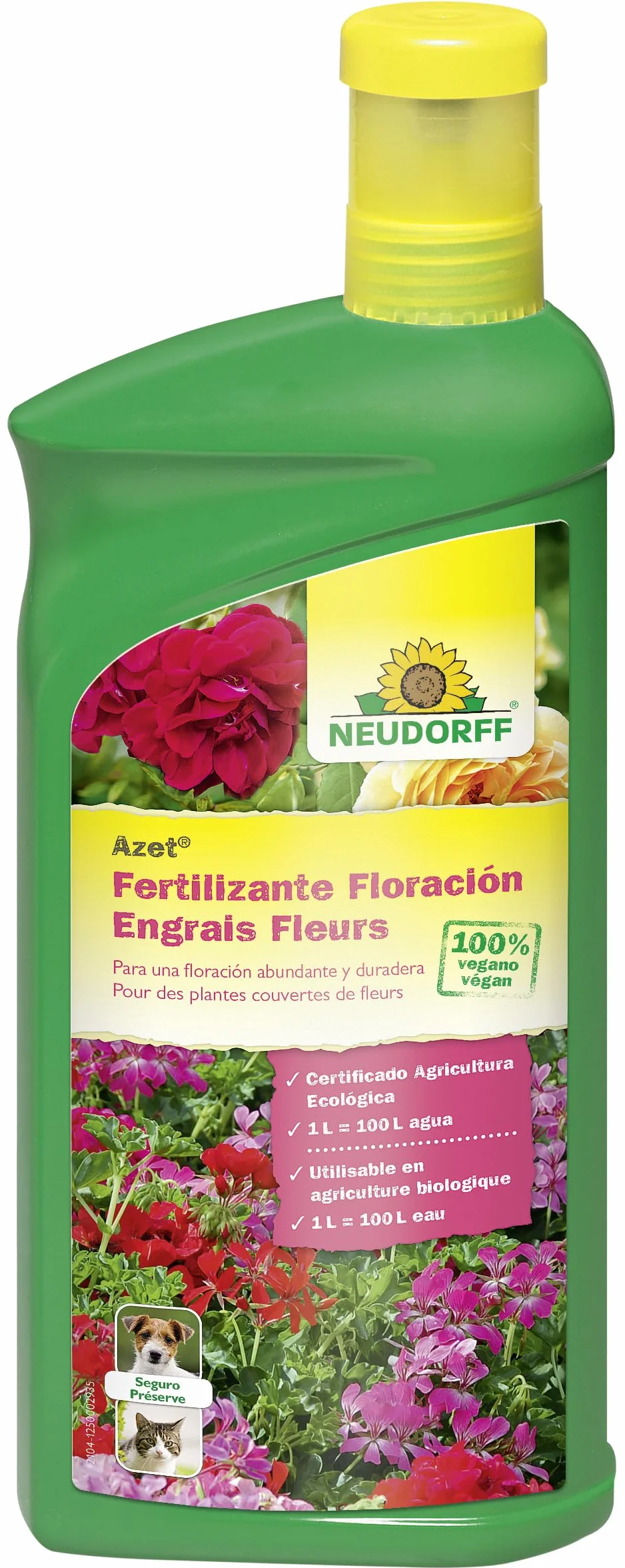 Neudorff Azet Fertilizante Floración – Abono líquido 100% vegano que estimula una floración abundante en geranios y otras flores, 1 Liter