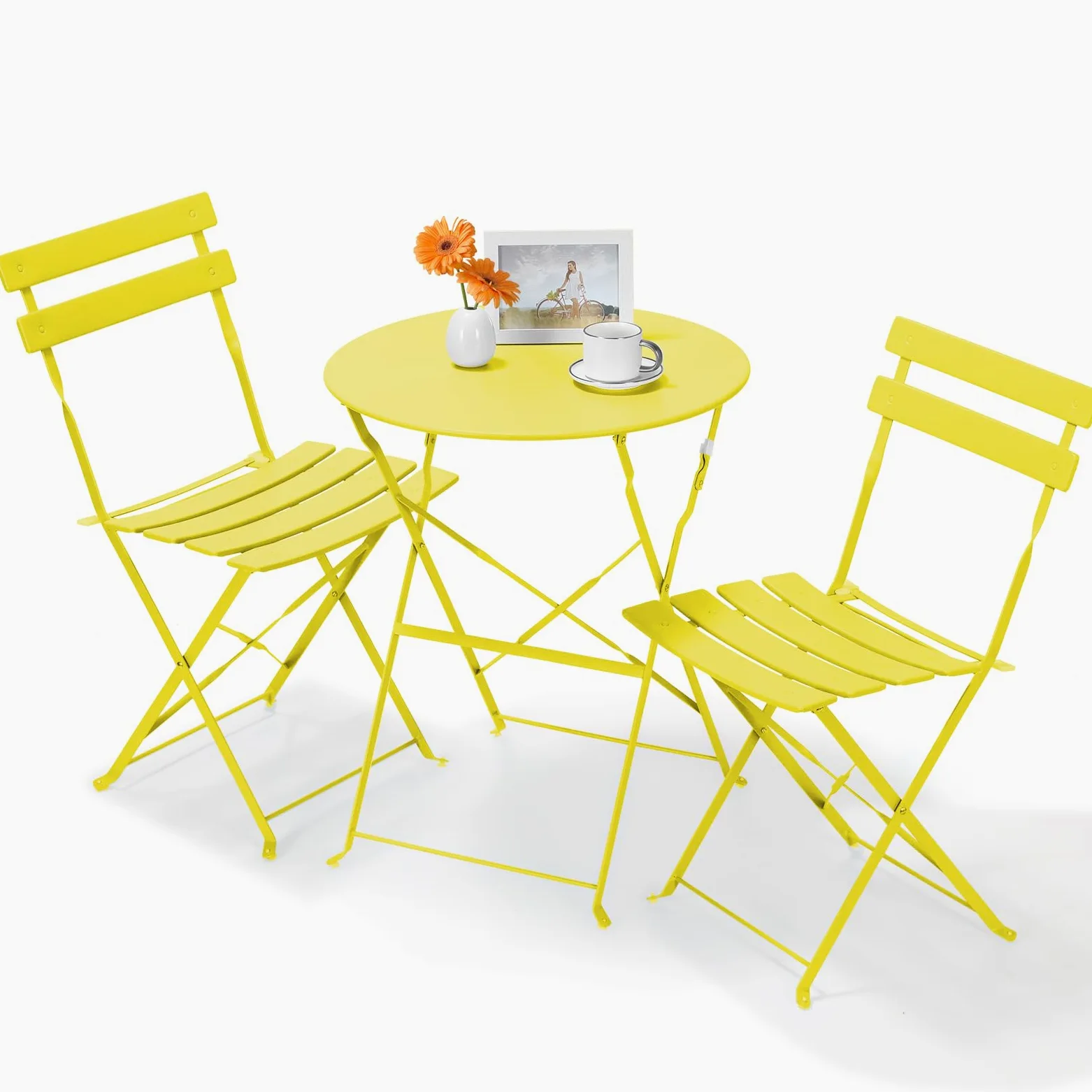 LIFERUN Juego de Muebles de Balcón de 3 Piezas, Bistro Set de Metal con 1 Mesa y 2 Sillas, Resistentes a la Intemperie, Plegables, para Pequeños Balcones, Terrazas y Jardines, Amarillo