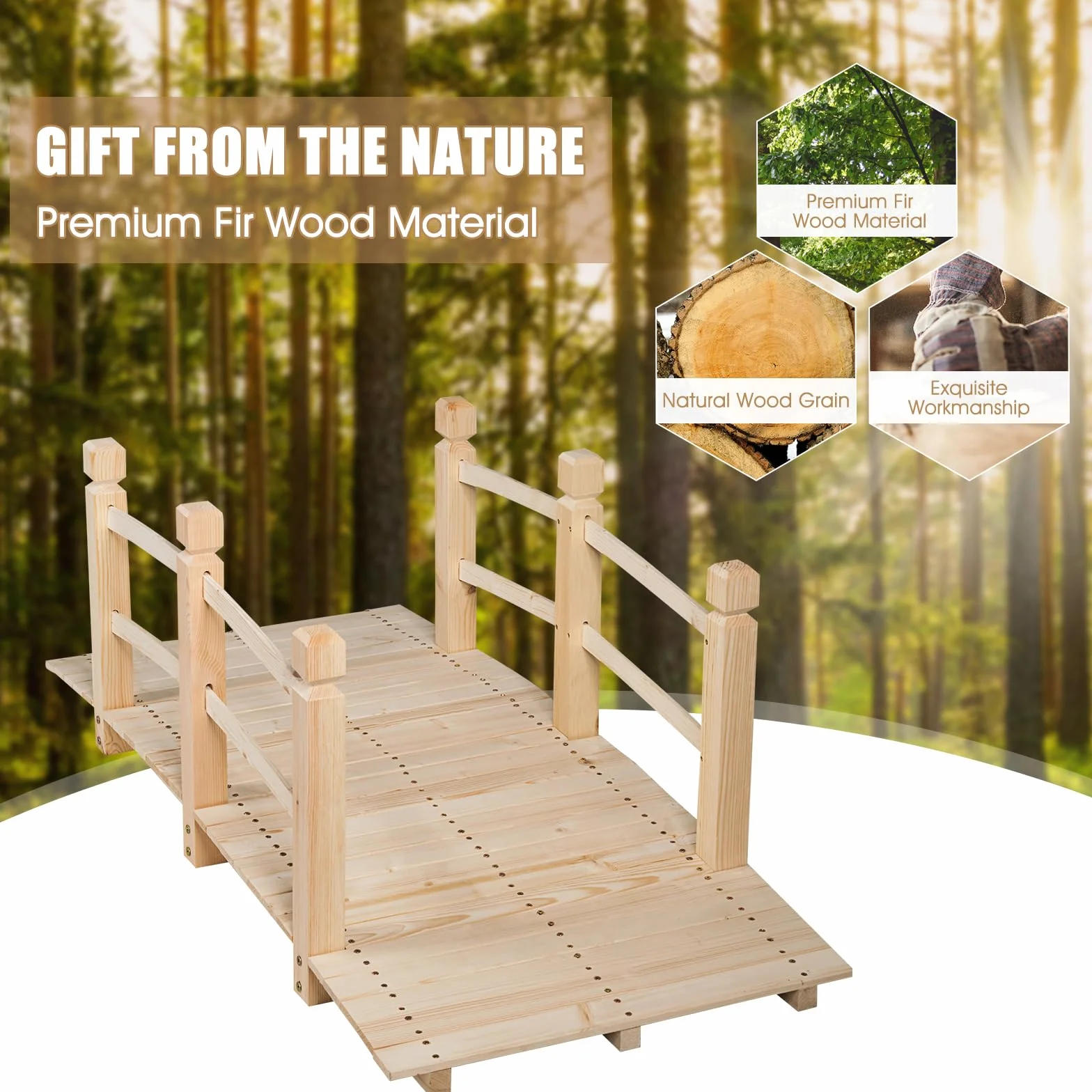 SOARS Puente de Jardín Madera con Barandilla, Puente de Pie Decorativo de Abeto con Capacidad de Carga de hasta 100 Kg, 150 x 67 x 55 cm cm, Puente Decorativo para Jardín, Estanque y Arroyo