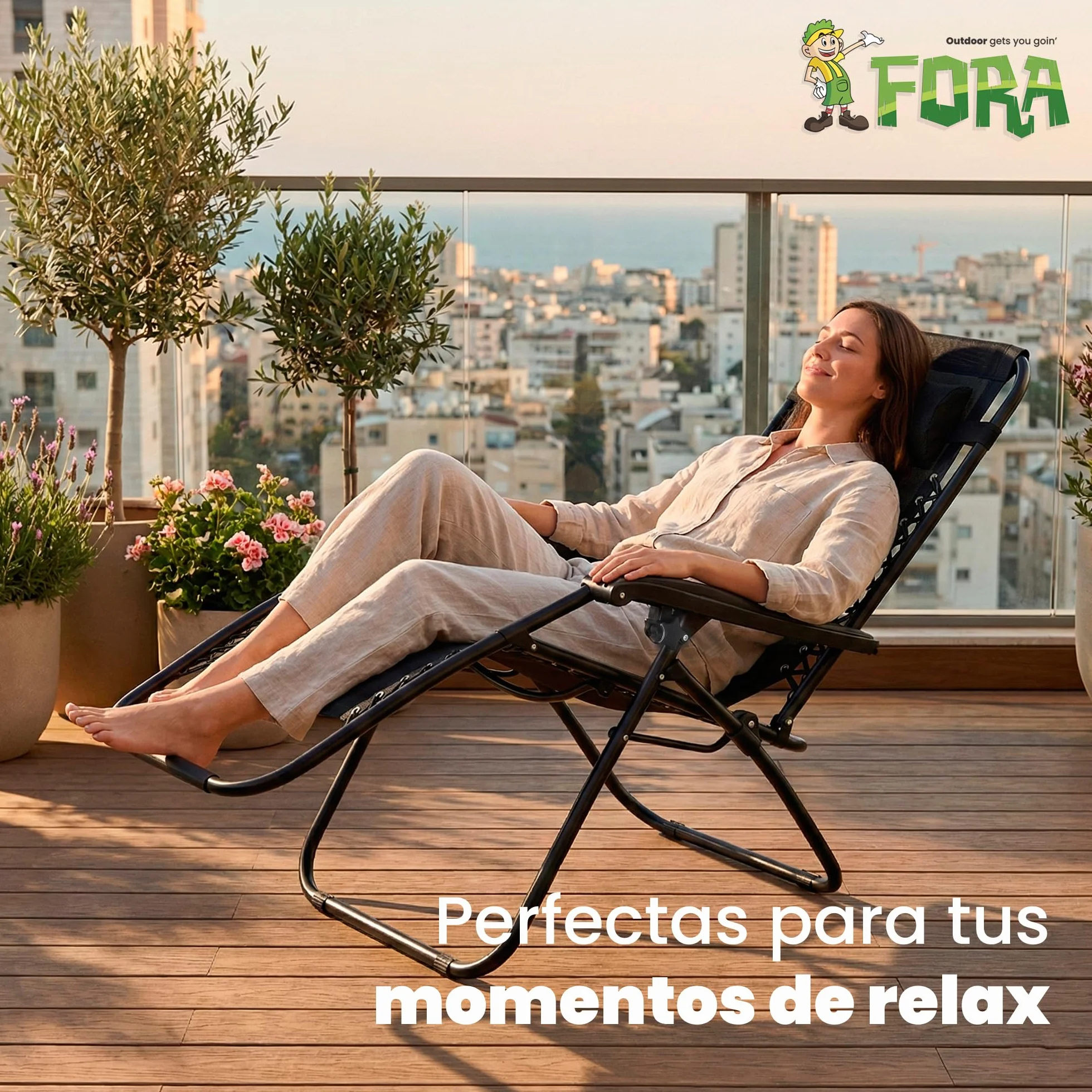 FORA Pack 2 Tumbonas Jardín Exterior Plegables – 176×67×110 Cm, Tubo 25mm y Tejido Transpirable, Color Negro, Reclinables con Bloqueo de Seguridad, Cojín Incluido, Plegado Rápido, 120Kg