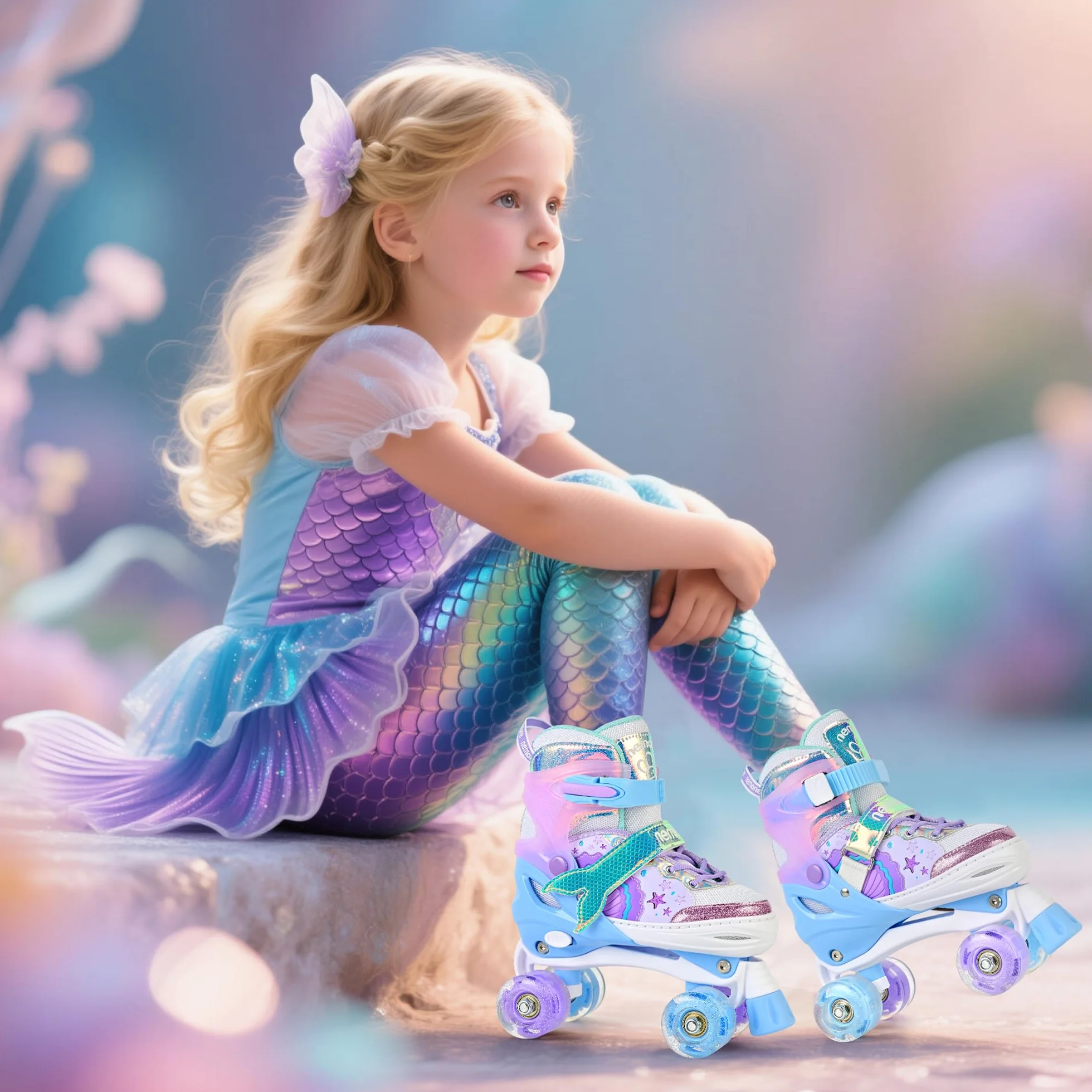 NEMONE Sirenita Patines de Ruedas Ajustable Niñas 4 Ruedas para Principiantes