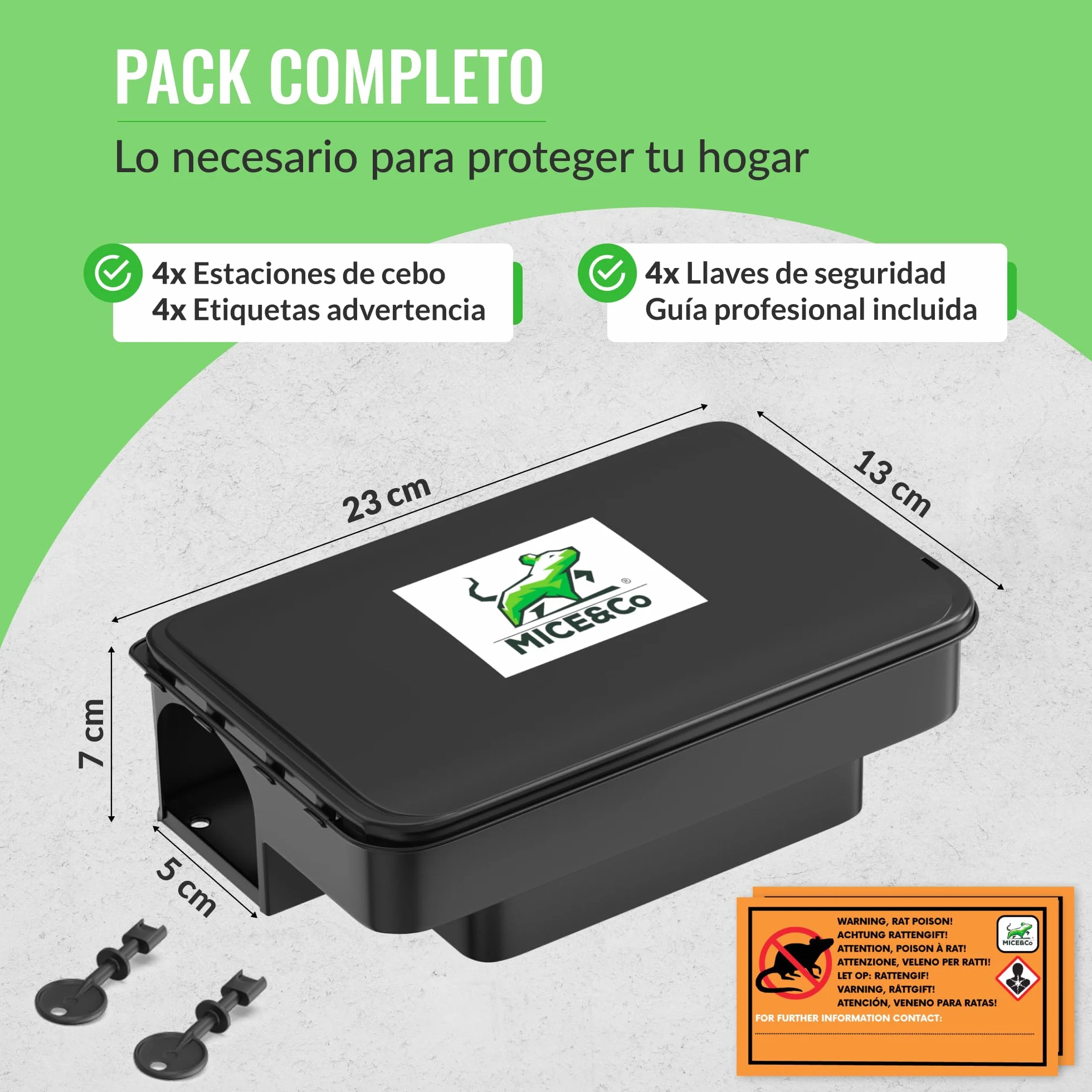 Mice&Co Trampas para Ratas y Ratones Profesionales - Caja Portacebos para Ratas y Ratones | Estación de Cebo Veneno Interior y Exterior | Pack 4 Unidades