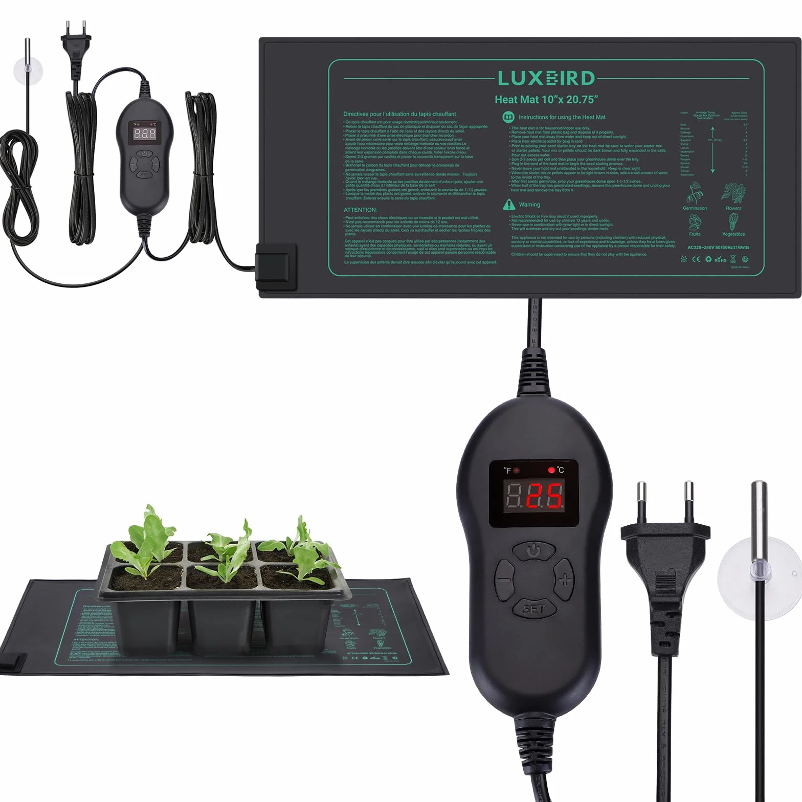 Luxbird Estera Calefactora para Plantas con Termostato Digital, Sonda NTC y Protección IP67, 30W, 52 x 25 cm, Estera térmicas Ideal para Germinación, Invernaderos, Elaboración de Cerveza