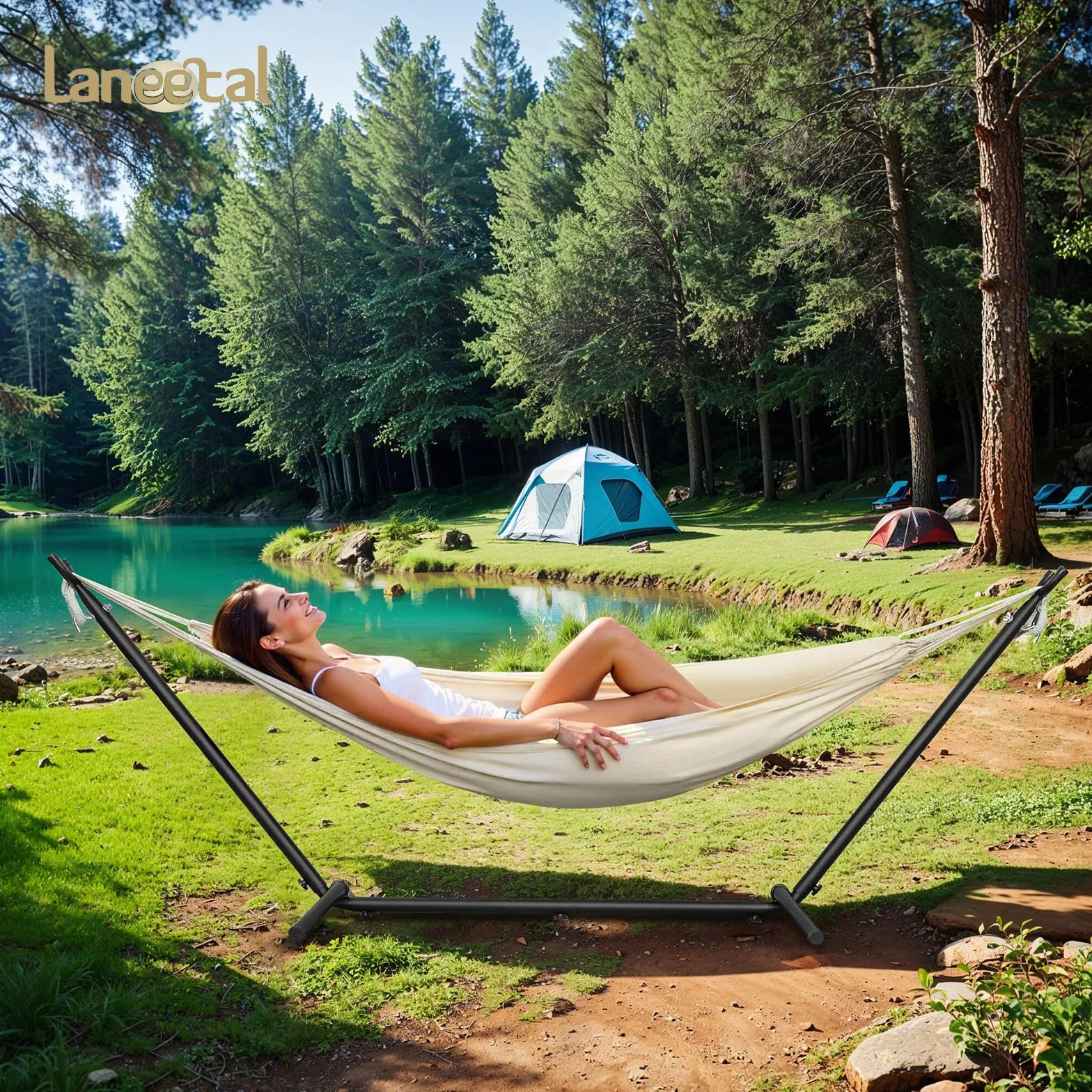 Laneetal Hamaca Jardín Tumbonas, Hamaca para 2 Personas con Soporte Metálico, Capacidad 250 kg, con Bolsa de Transporte, para Terraza, Jardín y Piscina, 280x106x100 cm (Beige, 280x106x100 cm)