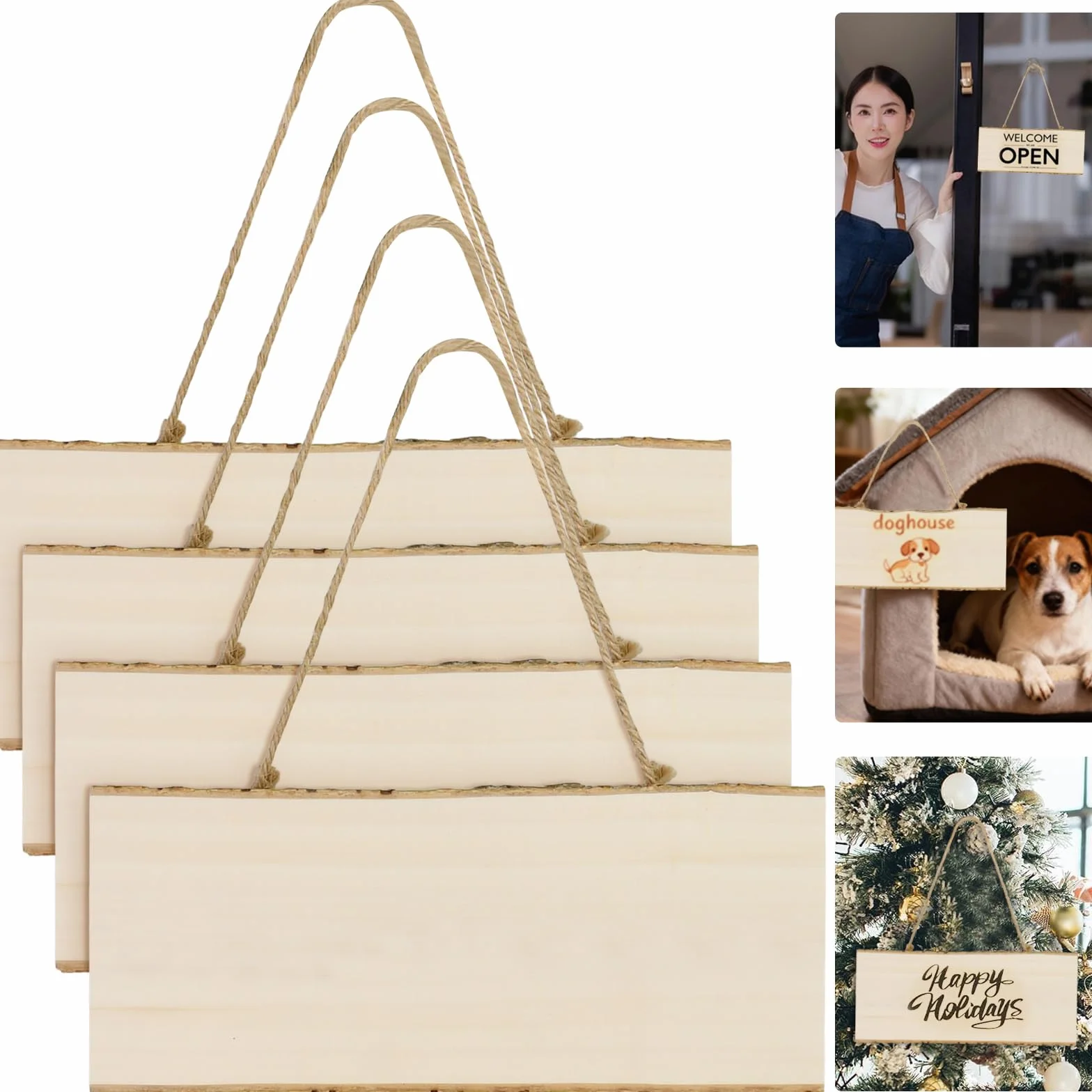 Pack de 4 Cartel Madera Colgante de Boj Macizo 25x10x1cm Letreros de Madera sin Terminar Placas para Manualidades Pirograbado y Grabar a Láser para Bodas, Jardines y Decoración Navidad