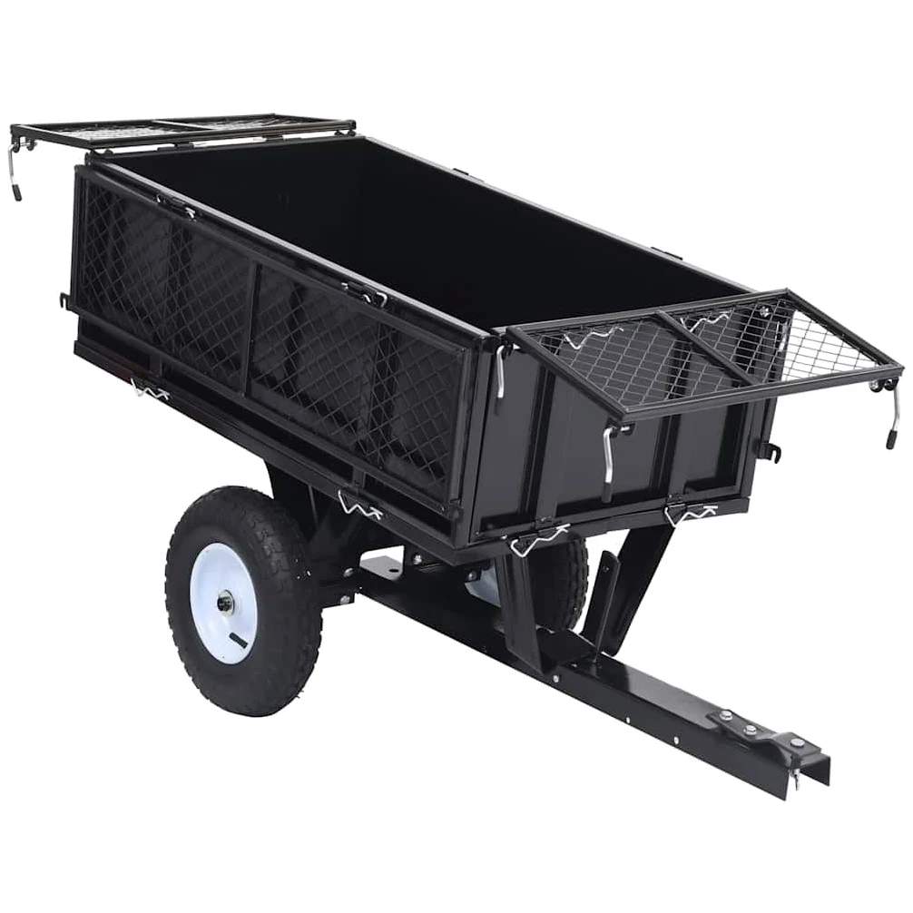 Remolque basculante para cortacésped de acero de 150 kg de carga con ruedas neumáticas 130 x 52 x 87 cm, acoplamiento universal, paredes laterales plegables para el cuidado del jardín