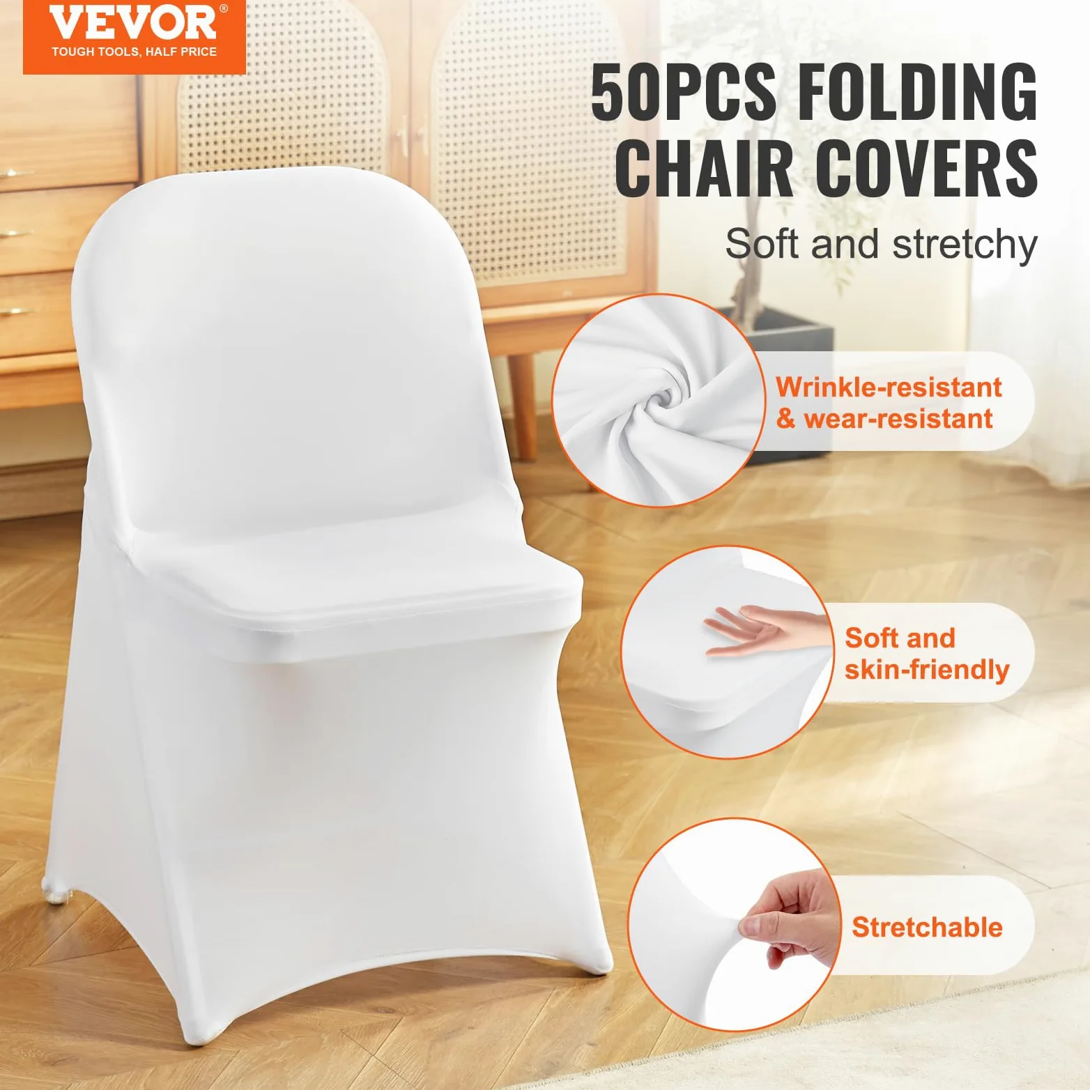 VEVOR Fundas para Sillas Plegables de Spandex Elástico, Funda para Silla Ajustable Universal, Fundas Protectoras Lavables Extraíbles, para Bodas, Vacaciones, 400 x 420 x 770 mm(50 Piezas Blancas)