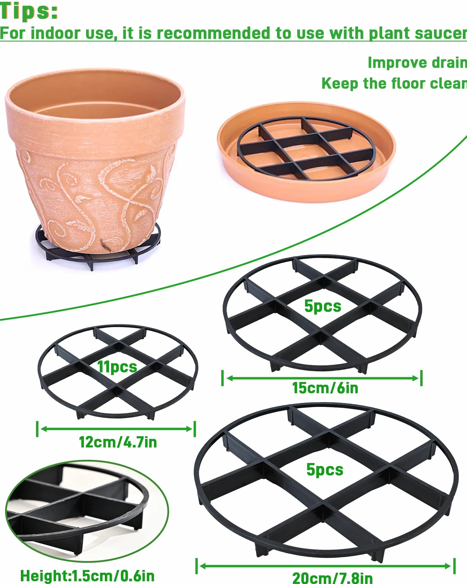 Paquete de 21 soportes de plástico para platillos de 5, 7, 8 pulgadas, elevadores de drenaje para macetas, elevadores de macetas para uso en interiores y exteriores, mejora el drenaje, la ventilación
