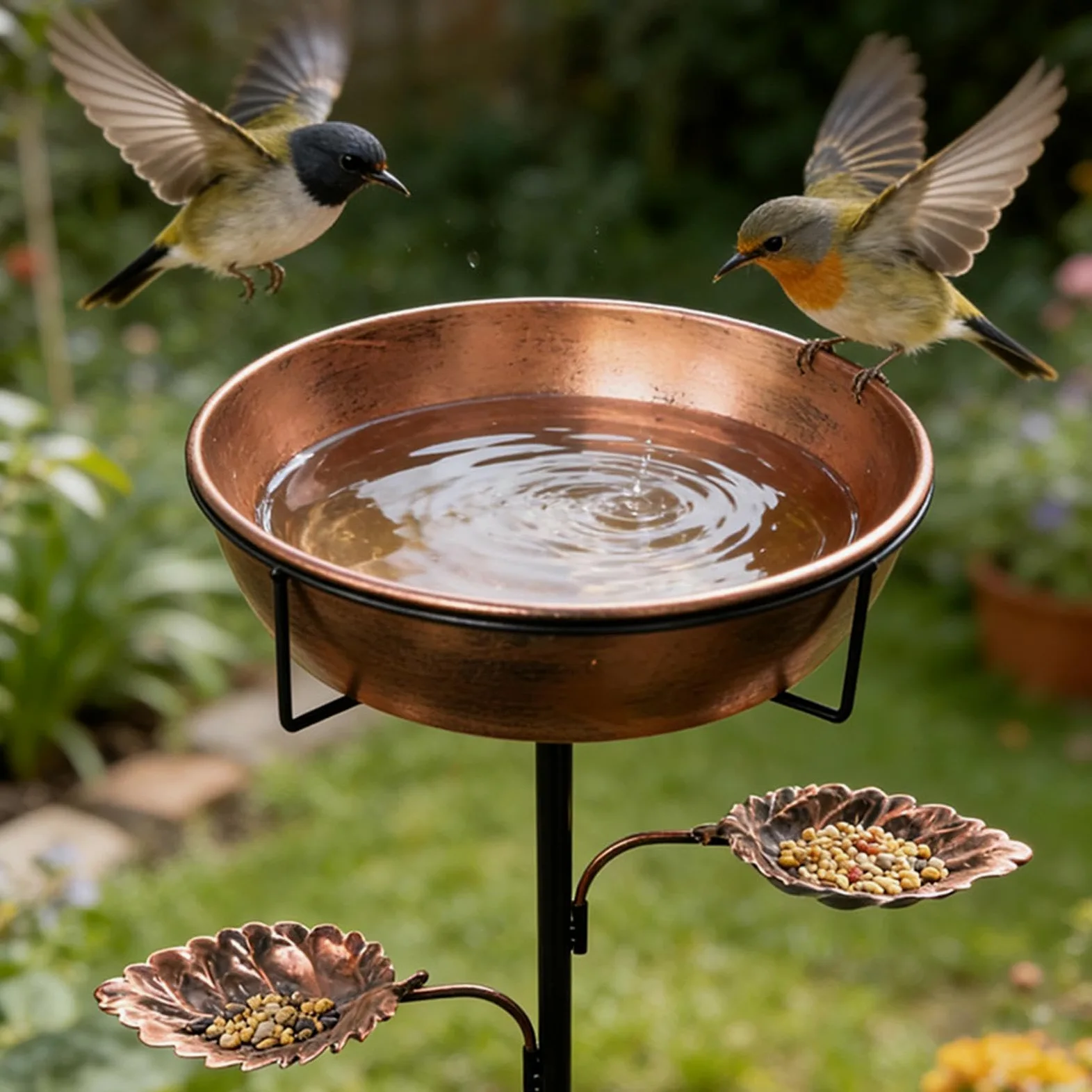 Baño para pájaros, bebedero de metal inoxidable con cuenco extraíble, decoración de césped de jardín al aire libre para colibríes, terraza, patio y balcón, función de agua perfecta