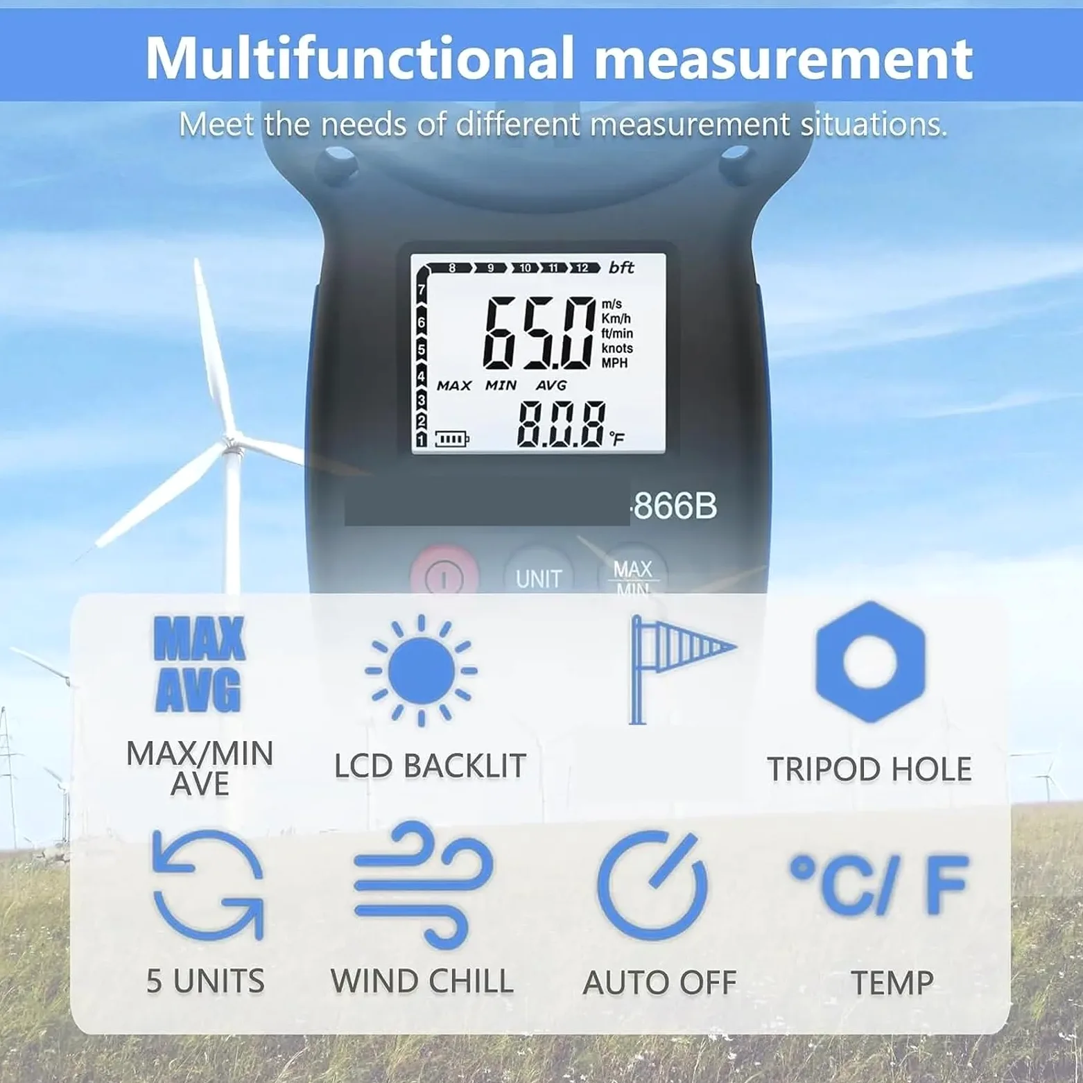 Anemómetro digital, Anemómetro Digital 866B, medidor de temperatura, Mini velocidad del viento, Sensor medición aire, 0-30m/s