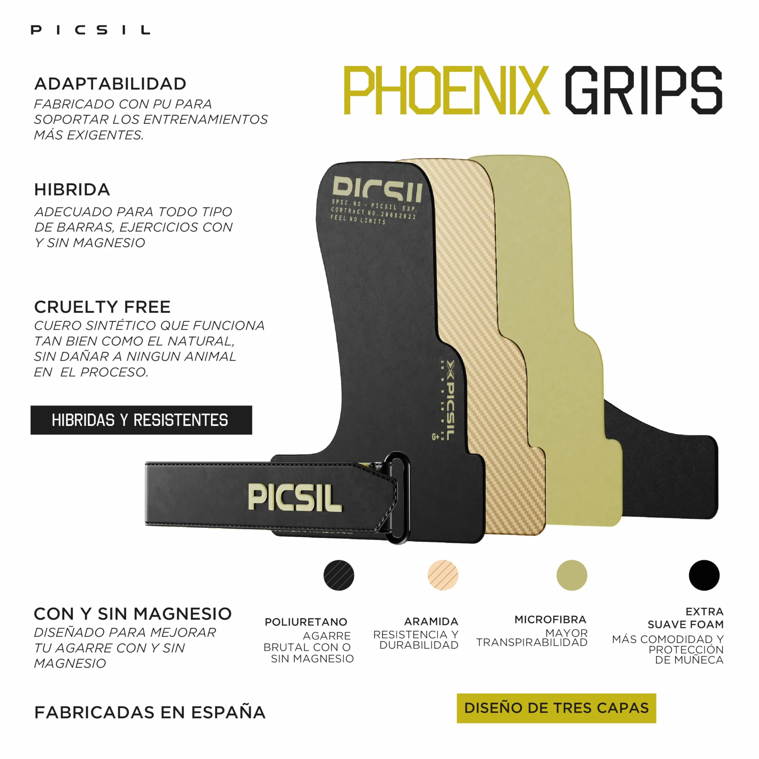 PICSIL Phoenix Grips Calleras Sin Magnesio de Triple Tejido Agarre Integral para Gimnasia Dominadas Halterofilia Protección Mano Alta Resistencia