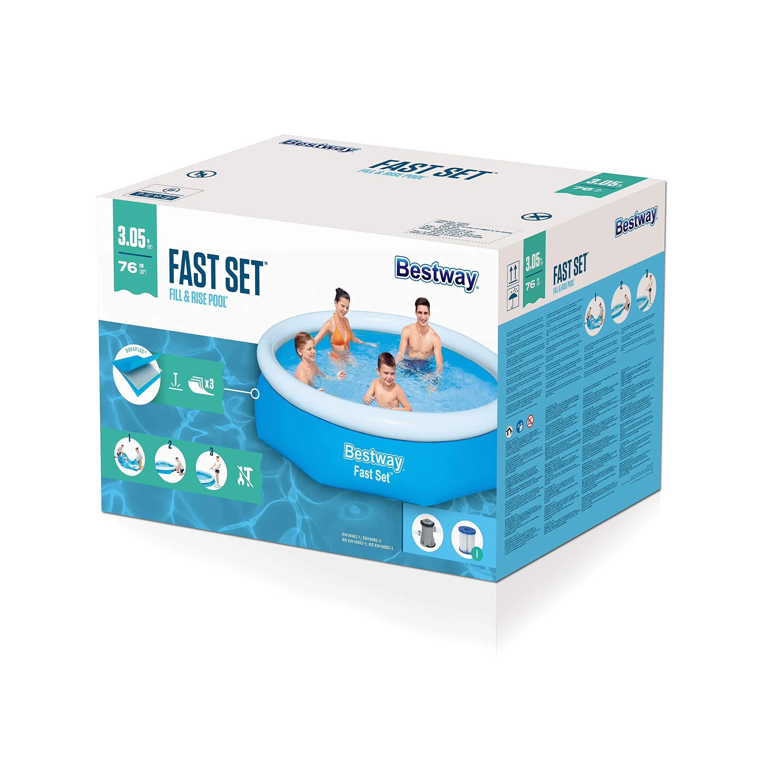 Bestway Fast Set Juego de Piscina con Bomba de Filtro, Azul, 305 x 76 cm
