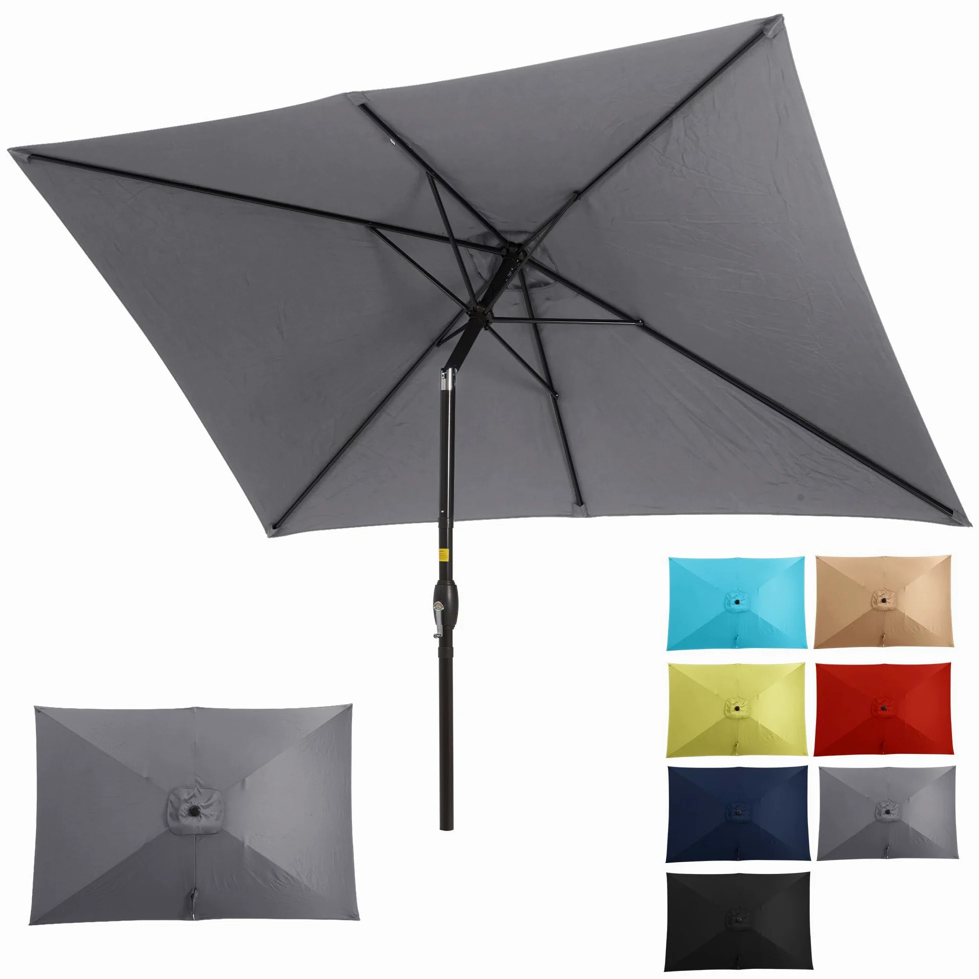 SUNVIVI OUTDOOR Sombrilla rectangular de 6.5 x 10 pies, poste de aluminio, sombrilla de mercado para mesa al aire libre con manivela, 6 varillas de acero, toldo de poliéster, color gris