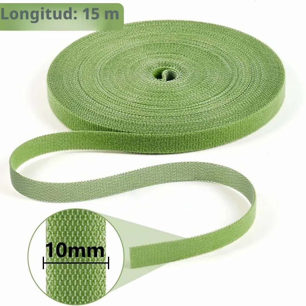 Cinta adhesiva para plantas con velcro, 15 m, color verde, resellable, de doble cara, 10 mm, autoadhesiva, para trepar, multiusos, resistente a la intemperie