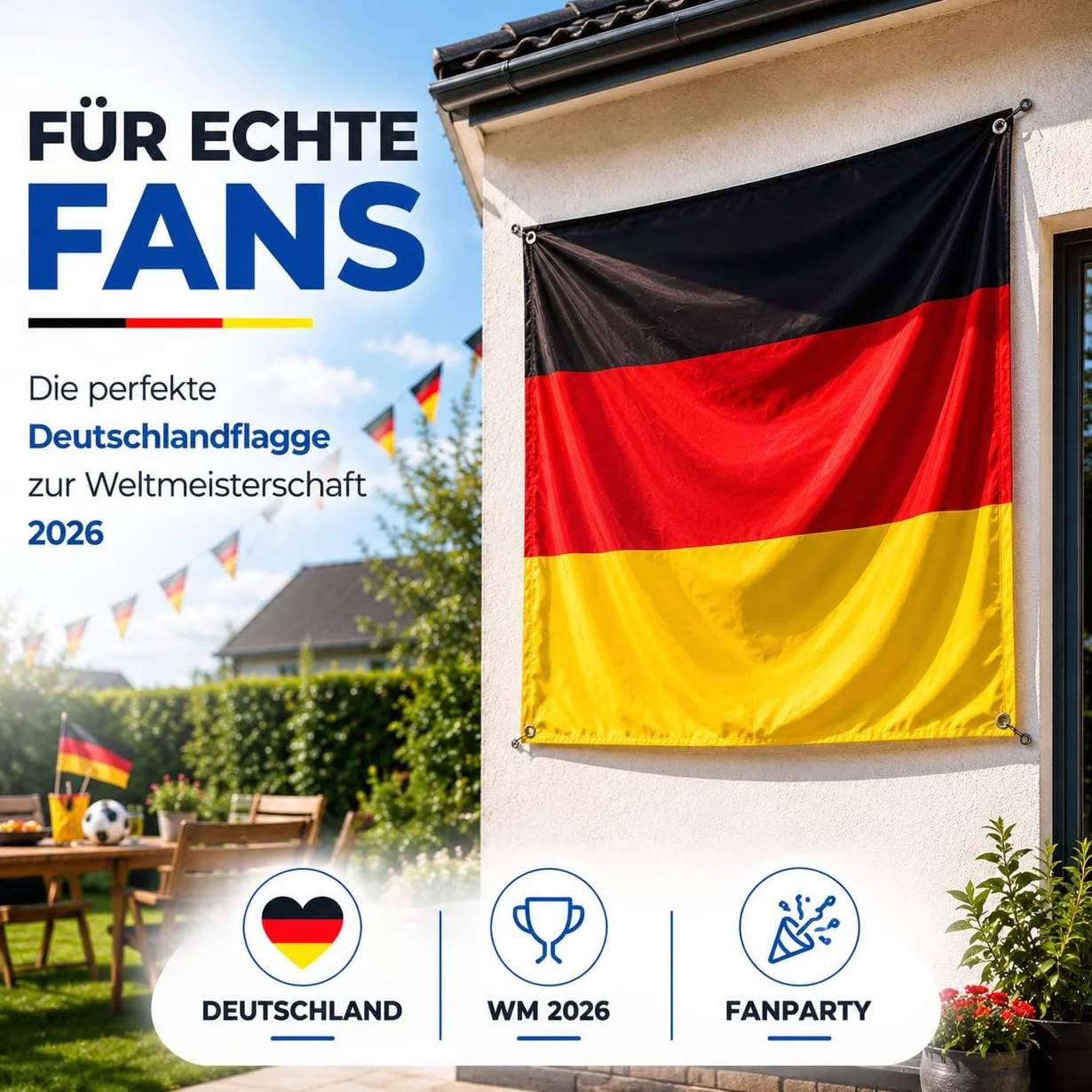 Banderas de Alemania (150 x 90 cm) en negro, rojo y oro, con ojales para colgar, ideal para la Copa del Mundo 2026, incluye 1 planificador de partidos A3.