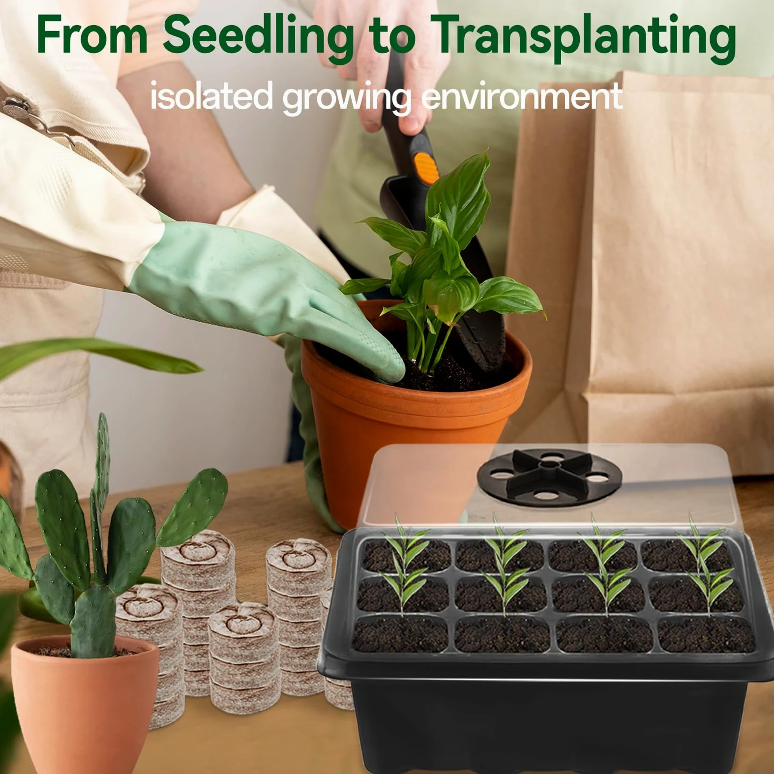 Juego de iniciación de semillas para plántulas, 50 pellets de turba y 48 celdas, mini bandejas de iniciación de plántulas de jardín con cúpula de humedad ventilada para plantas, flores y verduras