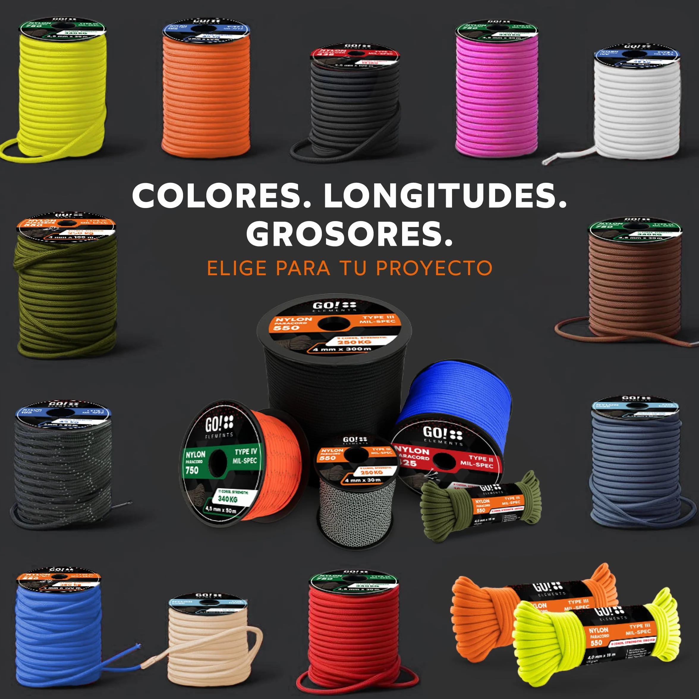 GO!elements Paracord de Nylon a Prueba de Desgarros 4mm 550 Typo III Cuerda 250kg