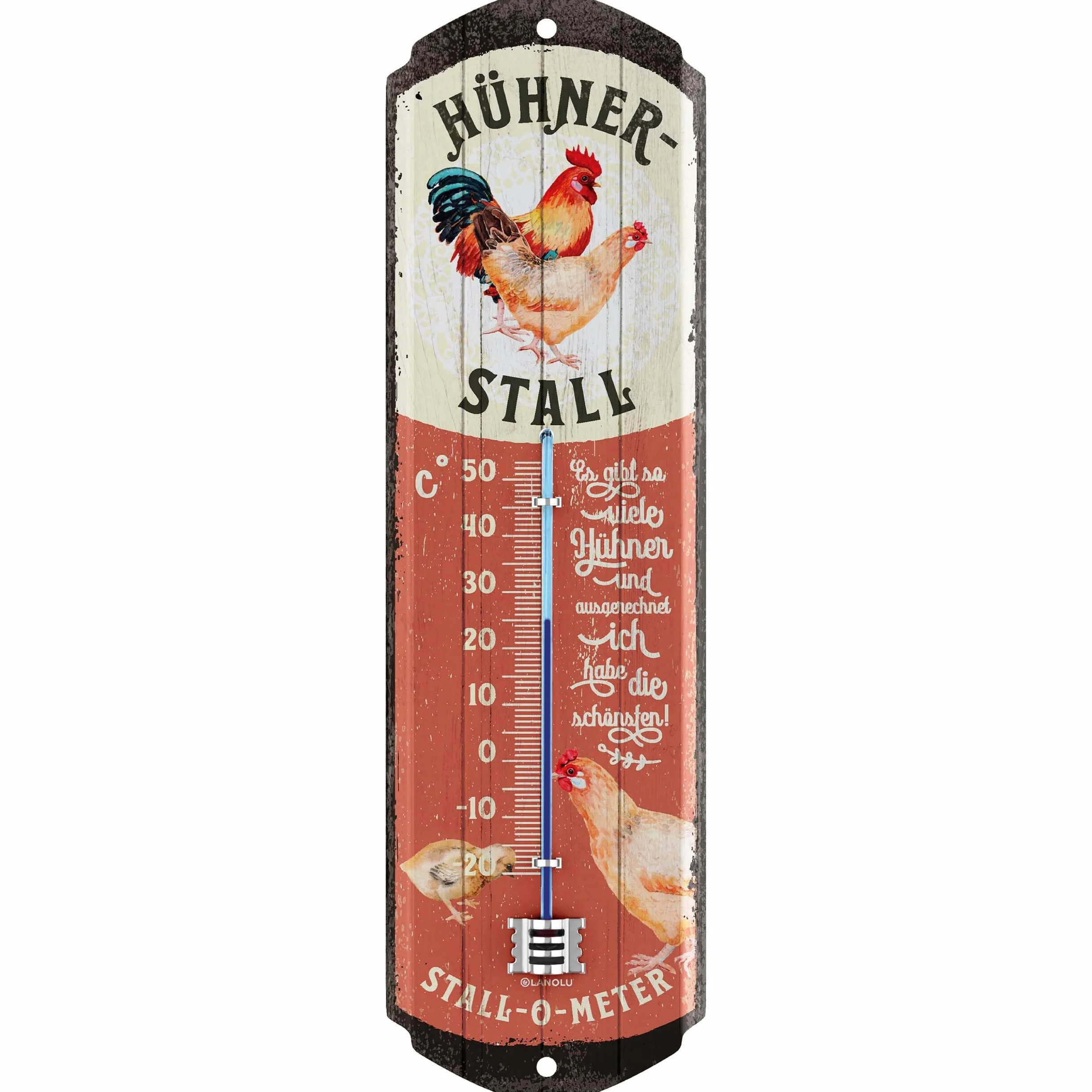 LANOLU Cartel de chapa retro con forma de gallinero, termómetro, analógico, para decoración de gallinas, establo de jardín, cartel vintage, cartel de chapa de pollo – amantes de los pollos regalos