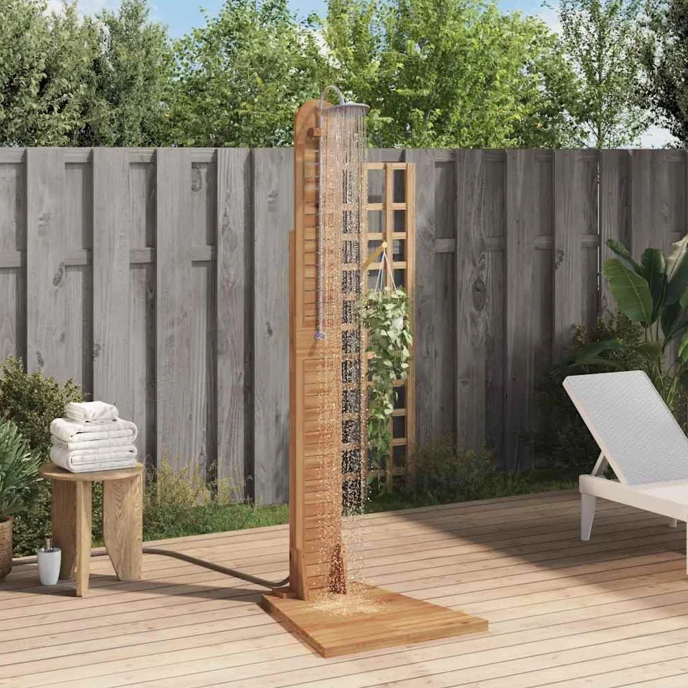 Ducha de jardín de madera maciza de teca 70 x 75 x 204 cm con cabezal de ducha de acero inoxidable de 15 cm, base antideslizante de 40 – 70 x 75 cm, accesorios de ducha de jardín al aire libre