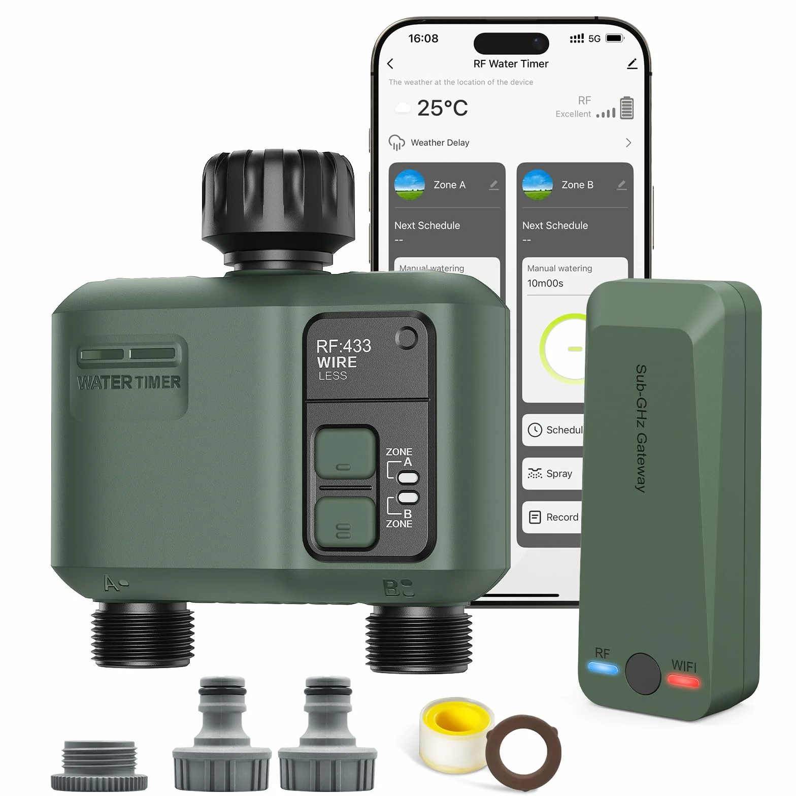 Programador de Riego WiFi+RF433 2 Salidas Automatico y en Poco Tiempo Flexible Temporizador con Riego Retrasado por Lluvia para Mangueras Jardin