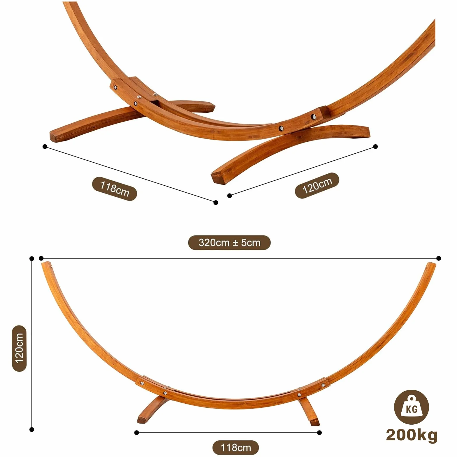 Hamaca con Soporte de Madera, Incluye 2 Hamacas, Carga 200 kg, 320x120x120 cm, Estructura Arqueada Estable de Madera, Altura Ajustable, para Jardín, Terraza y Balcón