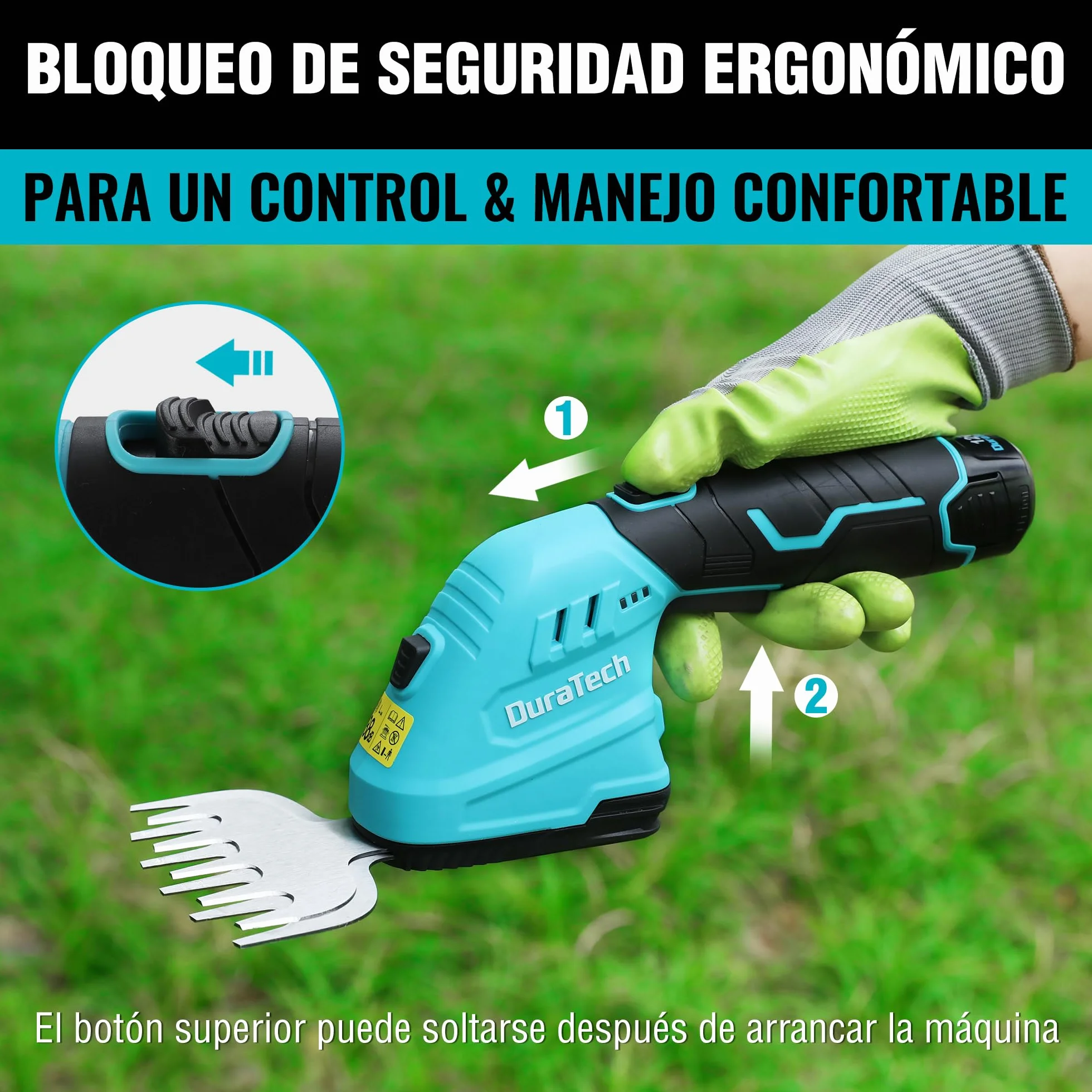 DURATECH 12V Tijera Cortacésped y Arreglasetos 2 en 1, Tijeras Eléctricos de Jardín con Alargador, Batería y Cargador, Cortasetos Eléctrico para Césped y Arbustos, para Jardinería
