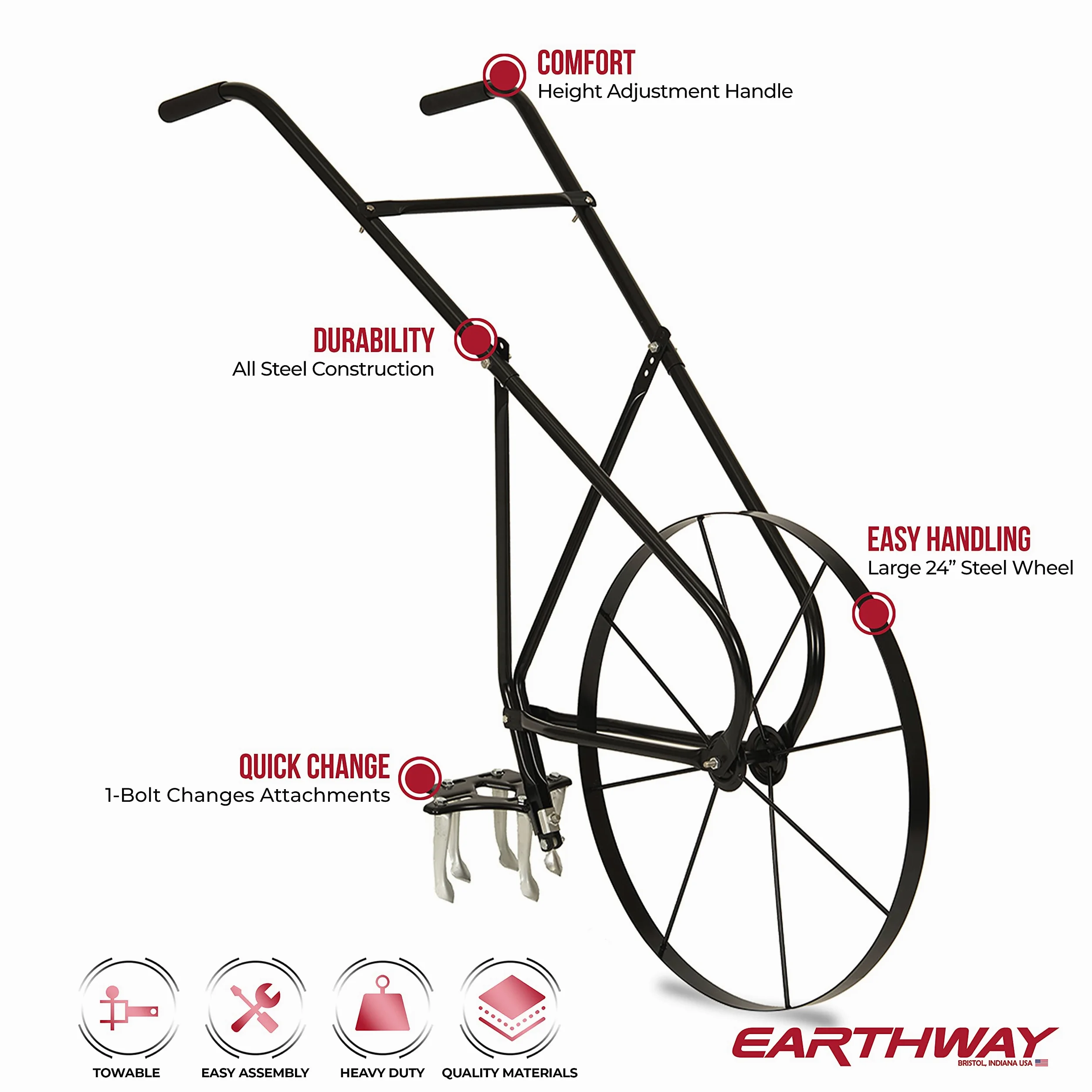 EarthWay Rotavator 6500 con Mango Ajustable y Accesorio de 5 Dientes, implementos de Cambio rápido y cultivador de jardín de Rueda de Acero de 61 cm