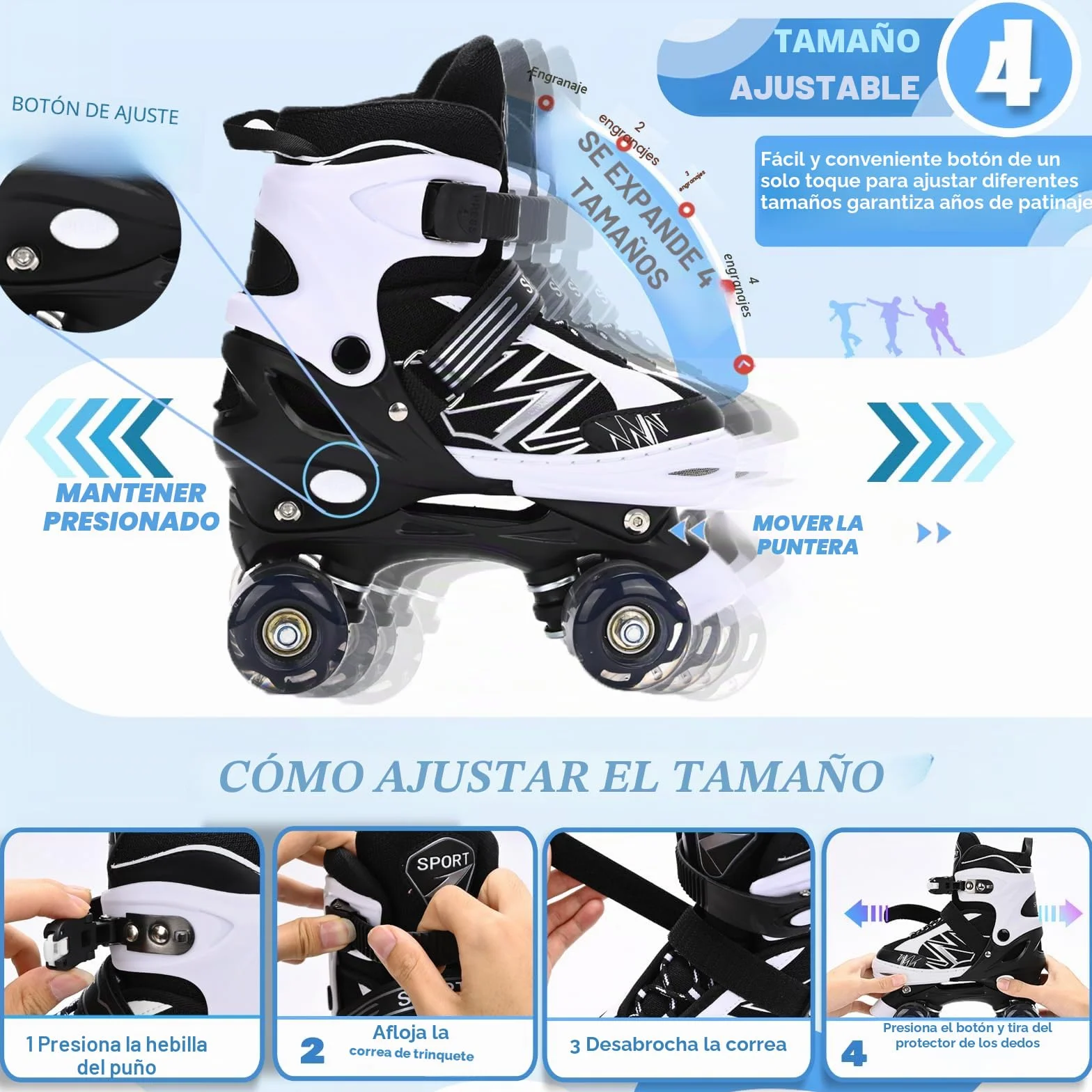 Patines Ajustables 4 Tamaños con Ruedas Iluminadas para Niños y Principiantes Violeta y Blanco