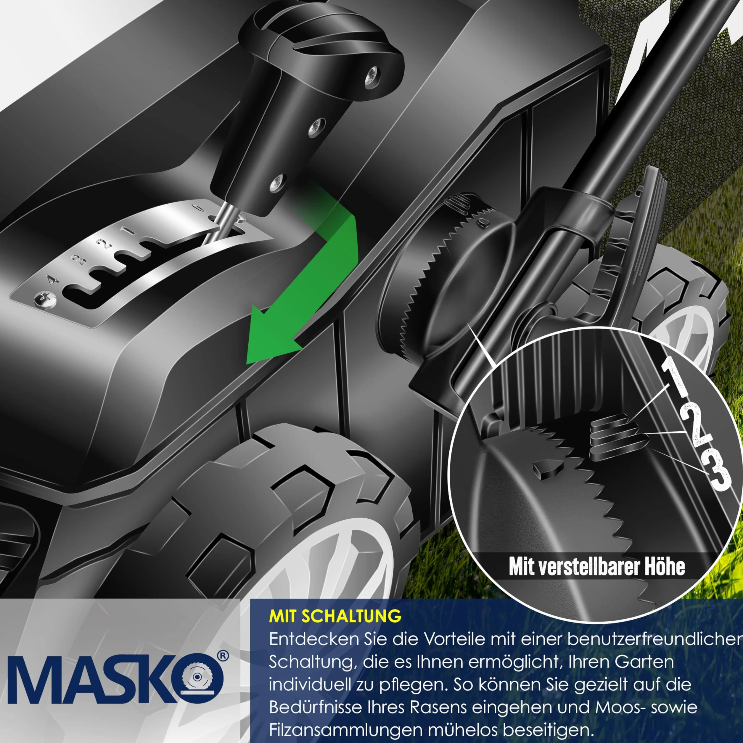 MASKO® Escarificador eléctrico 2 en 1, aireador de césped 1800W, 40 cm de ancho de trabajo, cesta de recogida de 55 l, eliminador de musgo, profundidad de trabajo ajustable en 5 etapas, negro