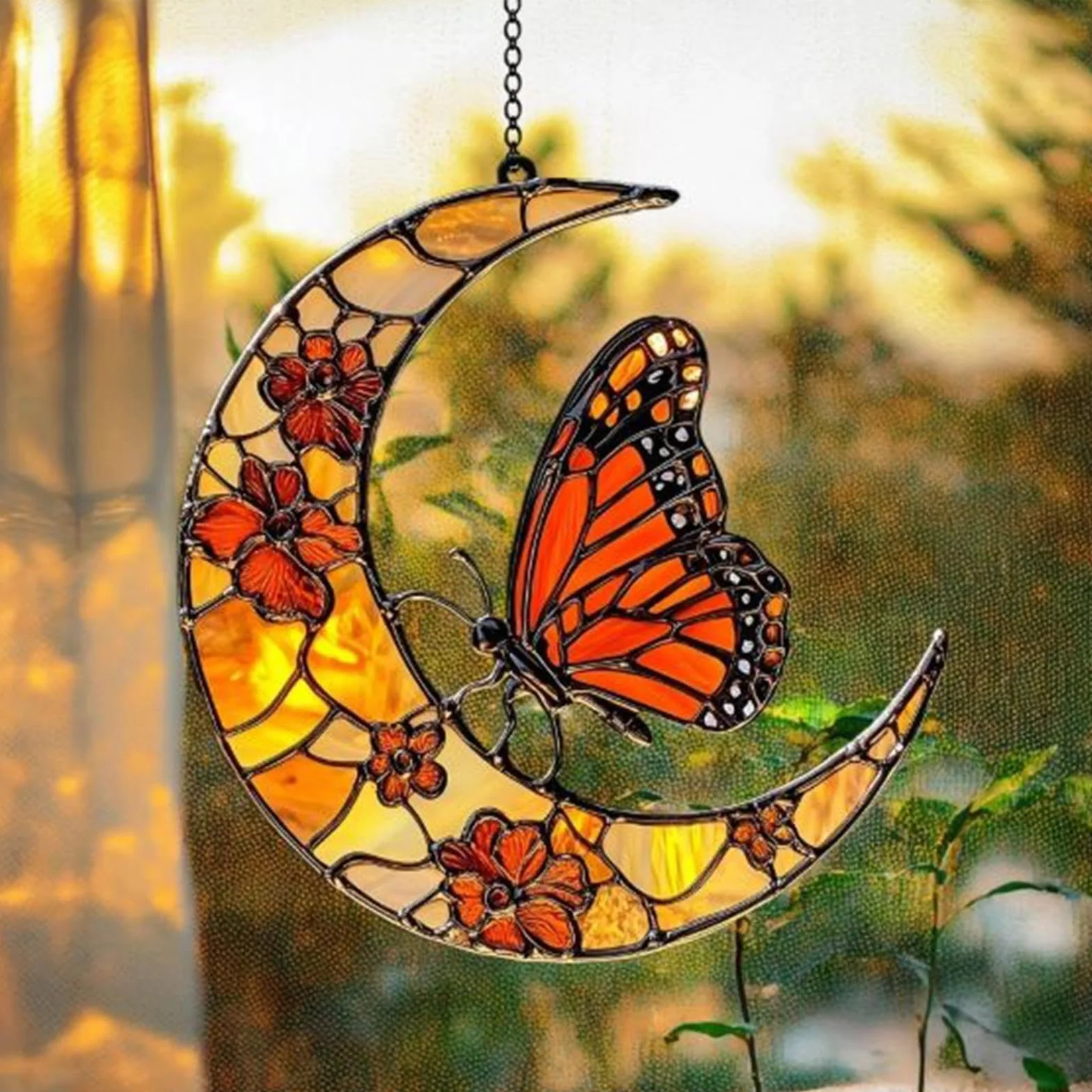 Cattador De Luna Solar, Mariposa Y Luna Solar Catcher Window Butterfly Catcher Catcher Butterfly Sun Catcher, Monarch Butterfly Y Flower Moon Ornament Para Ventana - Ornamento De Arte Acrílico Para De