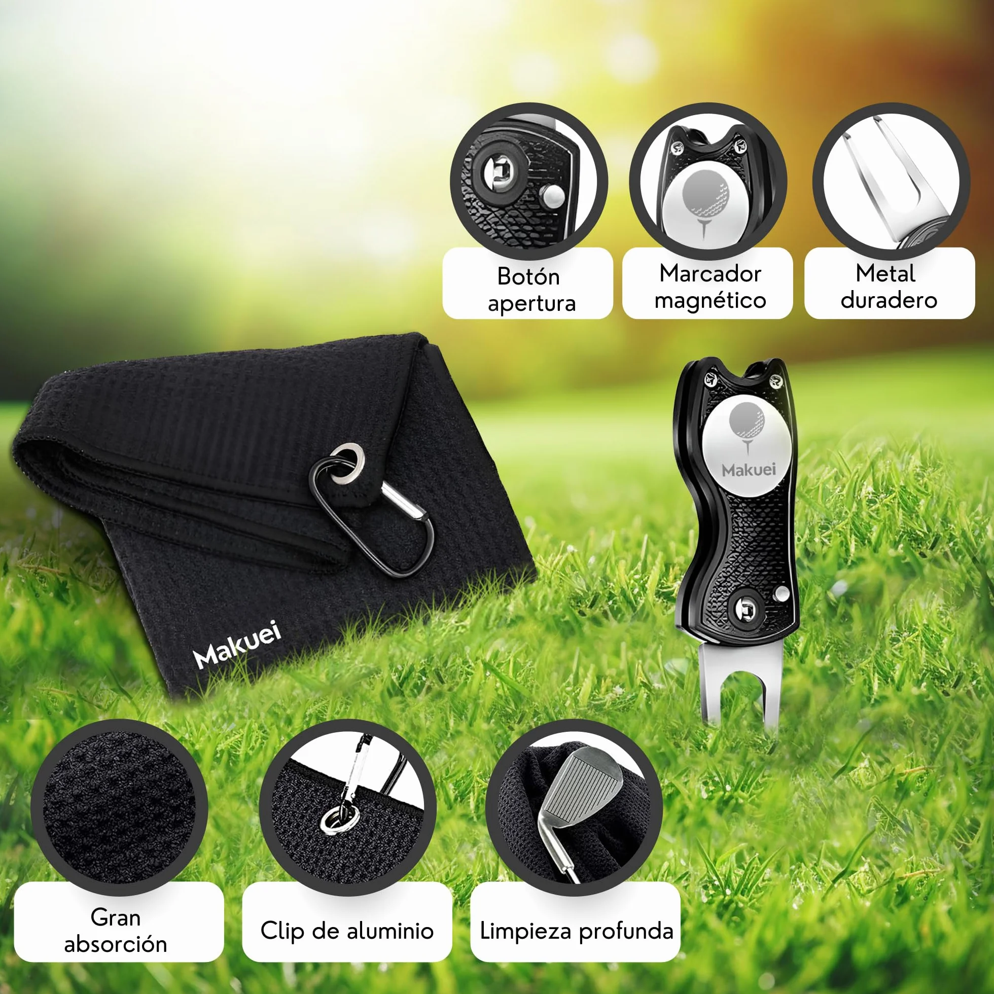 Accesorios de golf 6 en 1: Cepillo limpiador, arreglapiques, tees, toalla y otros accesorios para golfistas