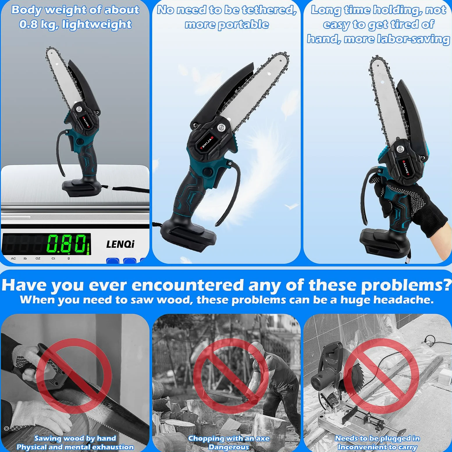 Motosierra eléctrica de 6 pulgadas con 2 baterías de 6000mAh y cargador