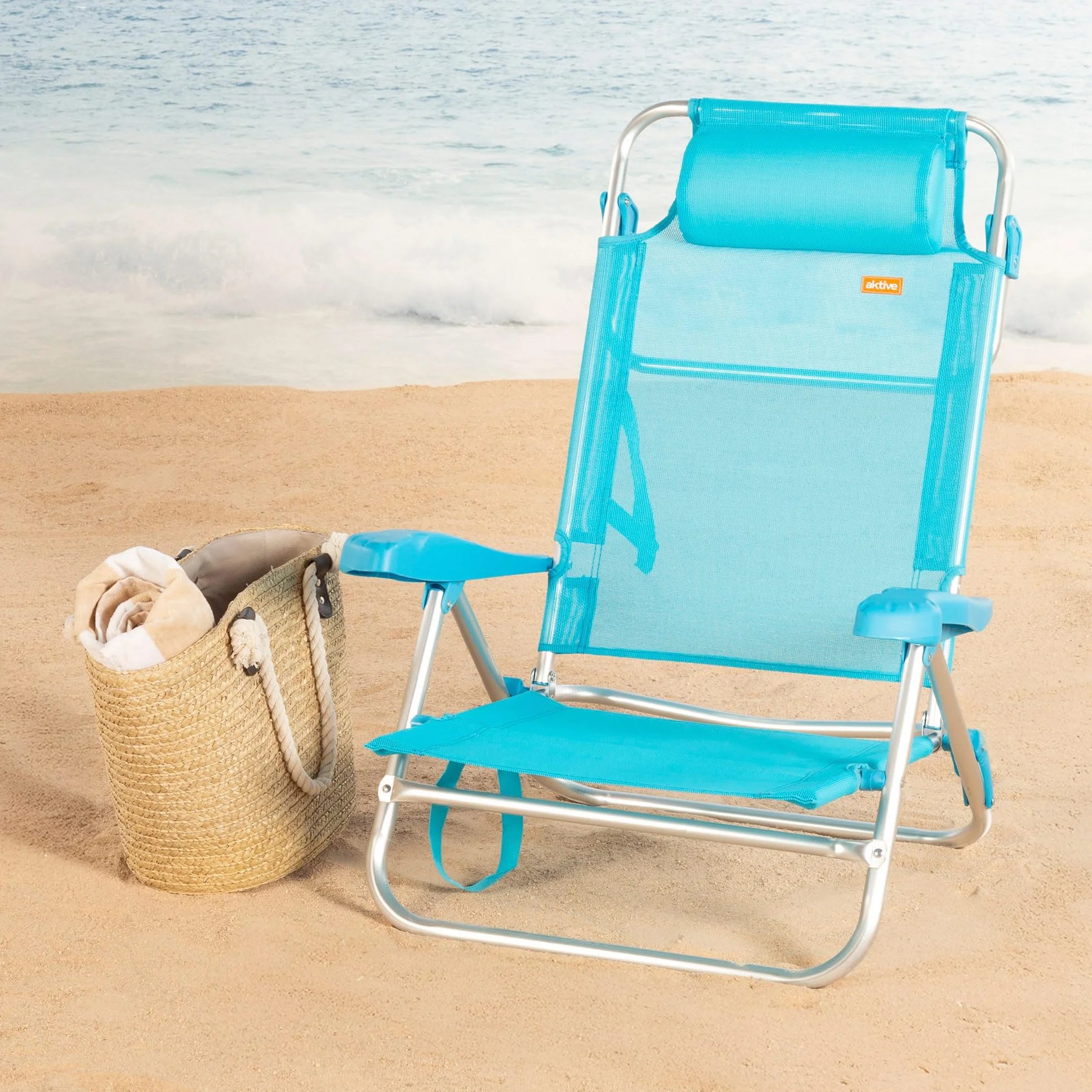 AKTIVE Silla de Playa Plegable, Multiposición 8 Posiciones, Textileno y Aluminio, Azul, 47x49x82 cm, 110 kg, Respaldo Alto Acolchado