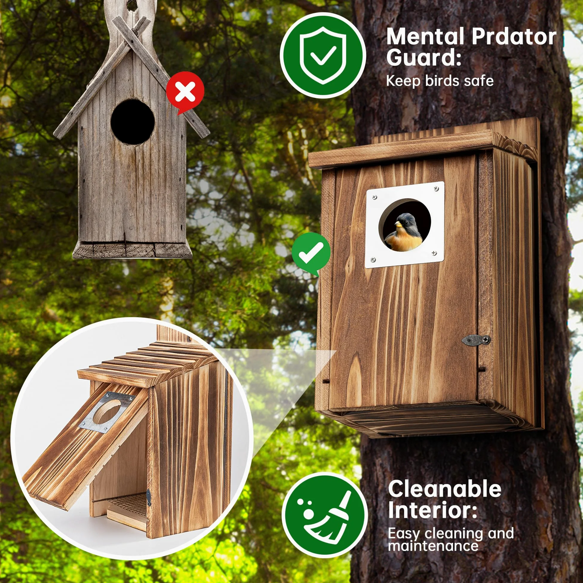 Paquete de 2 casas para pájaros para exteriores con protector de depredador de metal para pinzón de golondrina de pájaro azul, cajas de anidación de madera carbonizada para exteriores, casa de pájaros