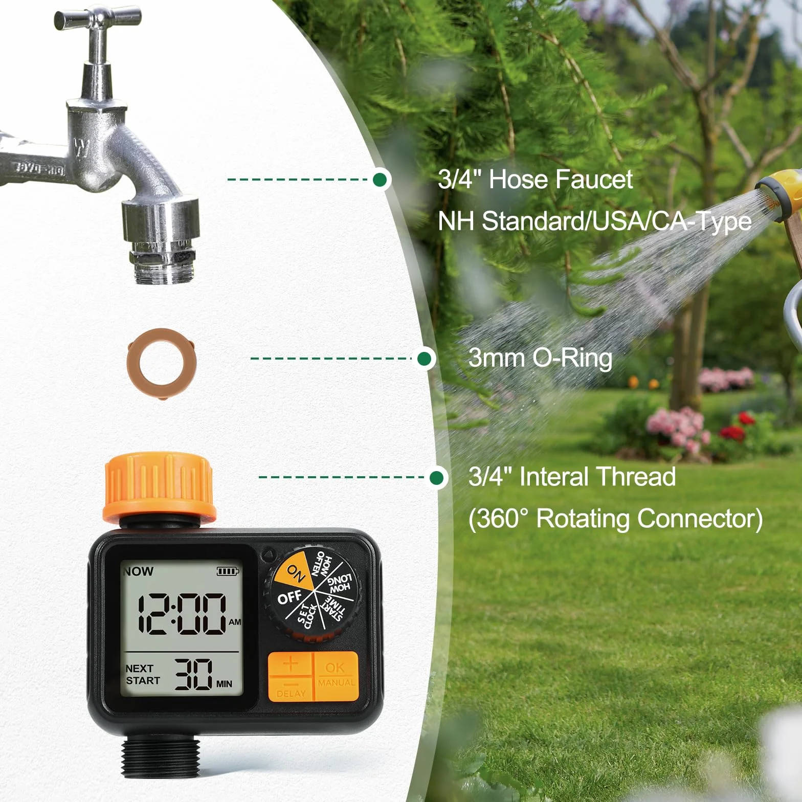 CROSOFMI Programador Riego Automatico Jardin Temporizador Riego IPX5 Resistente al Agua/Retraso por Lluvia/Modo de Riego Manual/Bloqueo para Niños