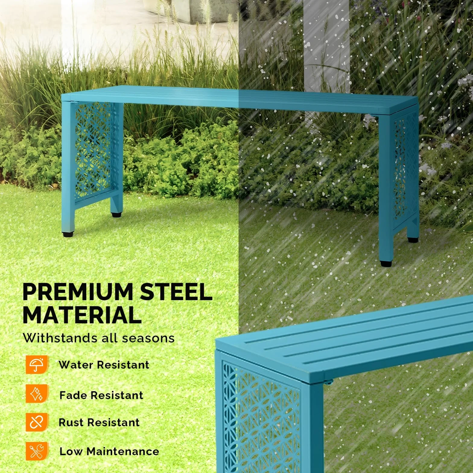 Bonnlo Banco de Jardín Exterior Metálico 2 Plazas 150 kg Diseño Flor Azul